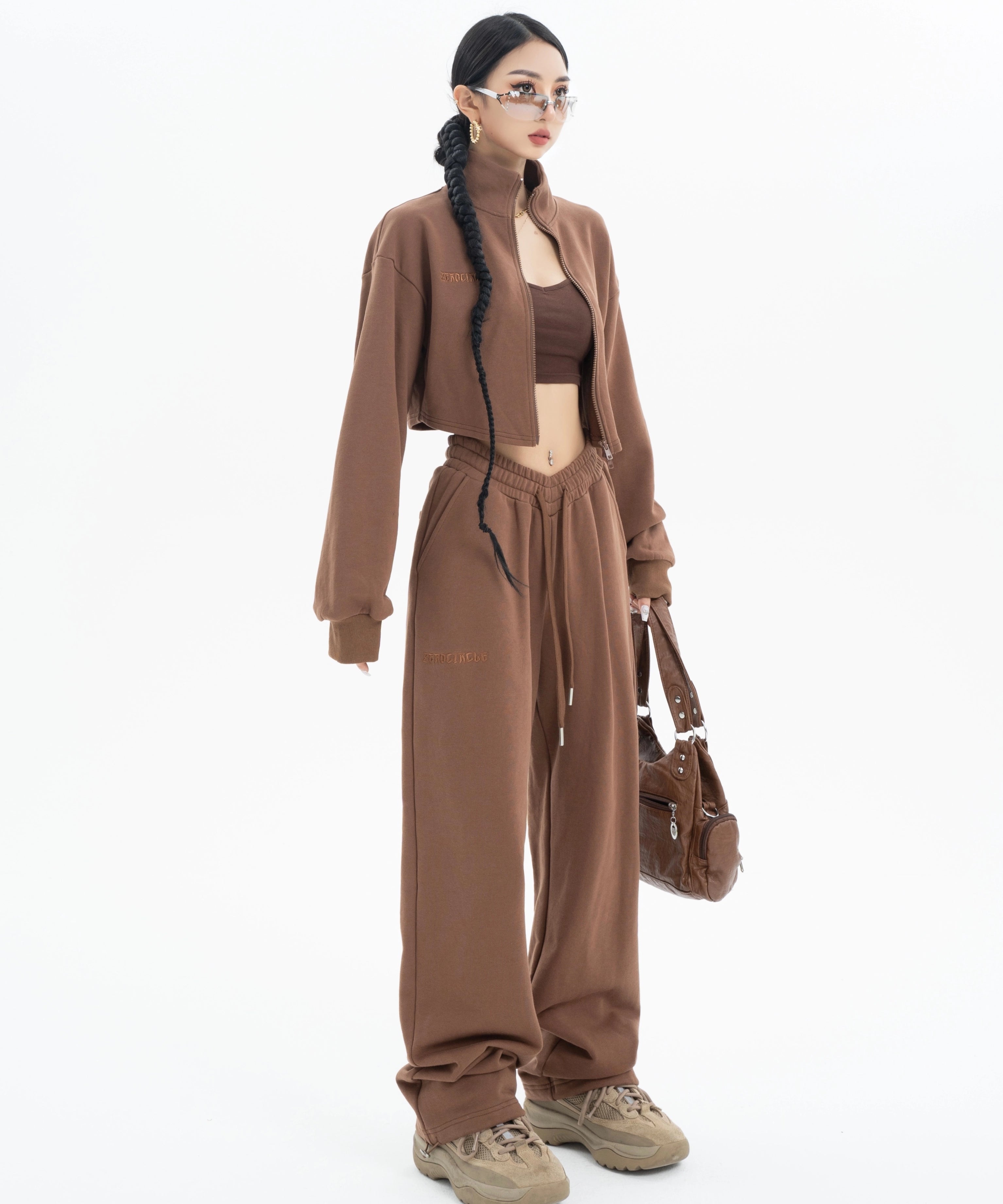 野生zerocircle咖色短款卫衣套装女春季外套显瘦宽松运动休闲裤子