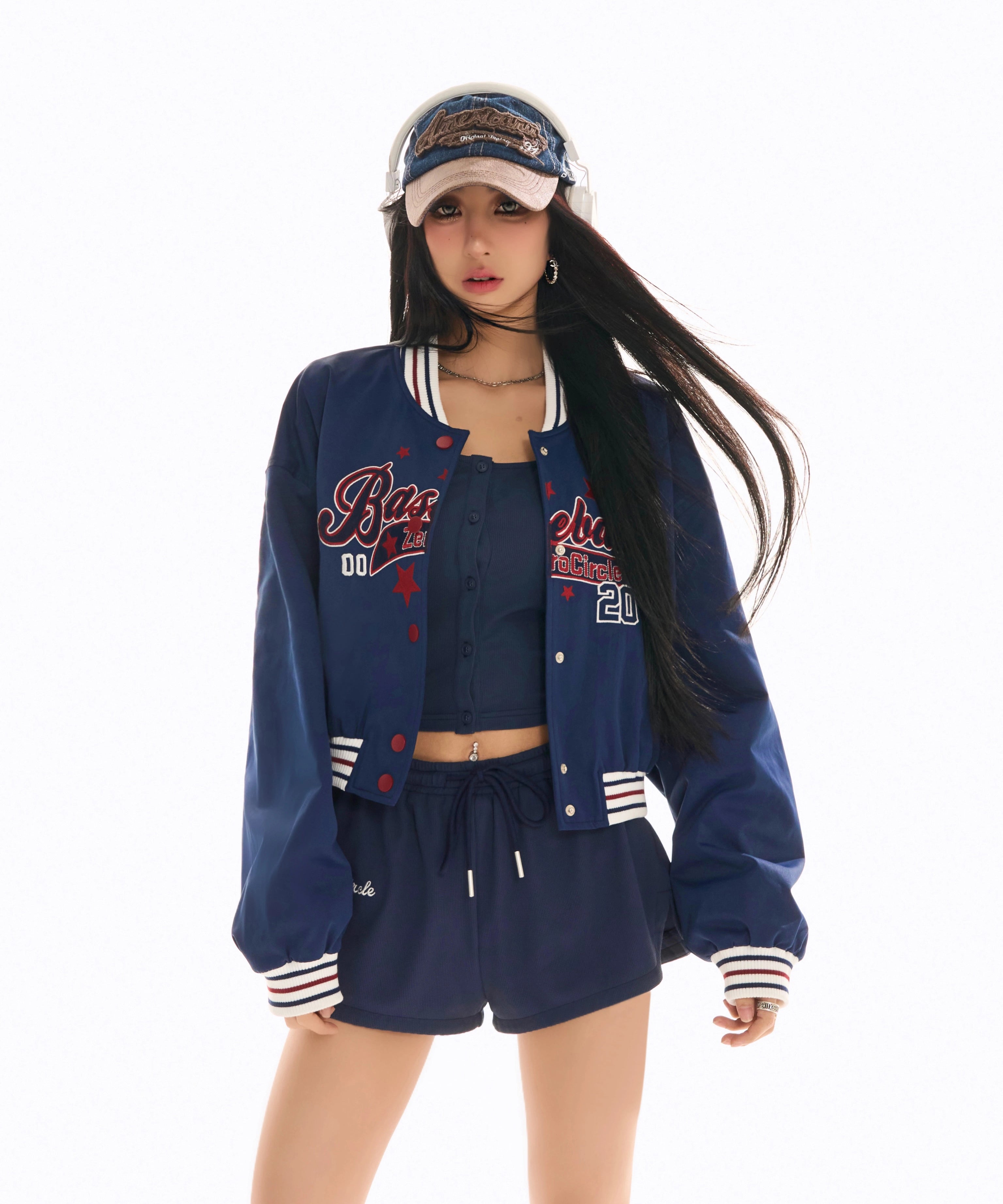 野生zerocircle短款棒球服女春季美式复古小众宽松设计感蓝色外套