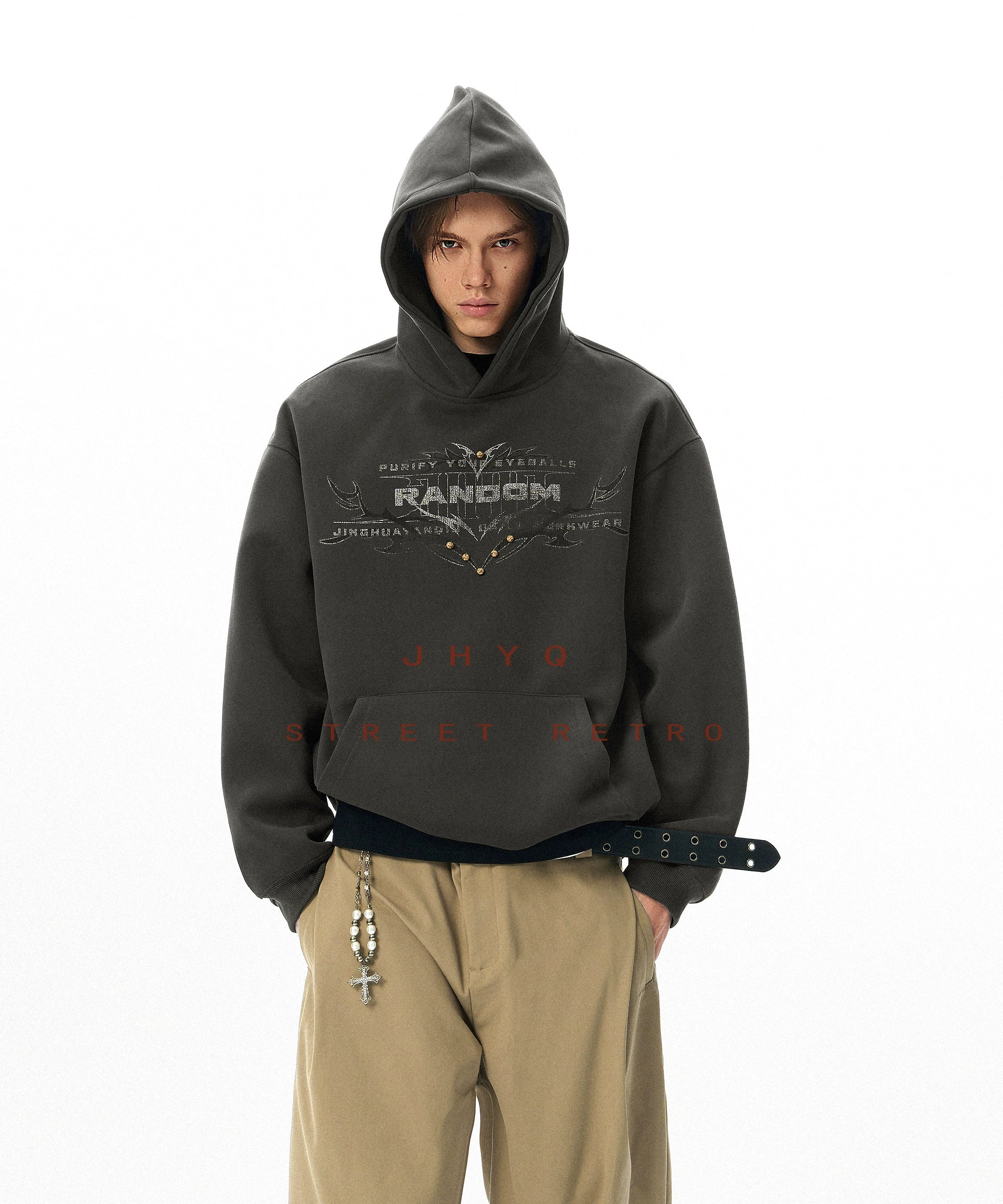 狐狸轮廓丨JHYQ美式复古铆钉字母印花连帽卫衣男秋季宽松休闲帽衫