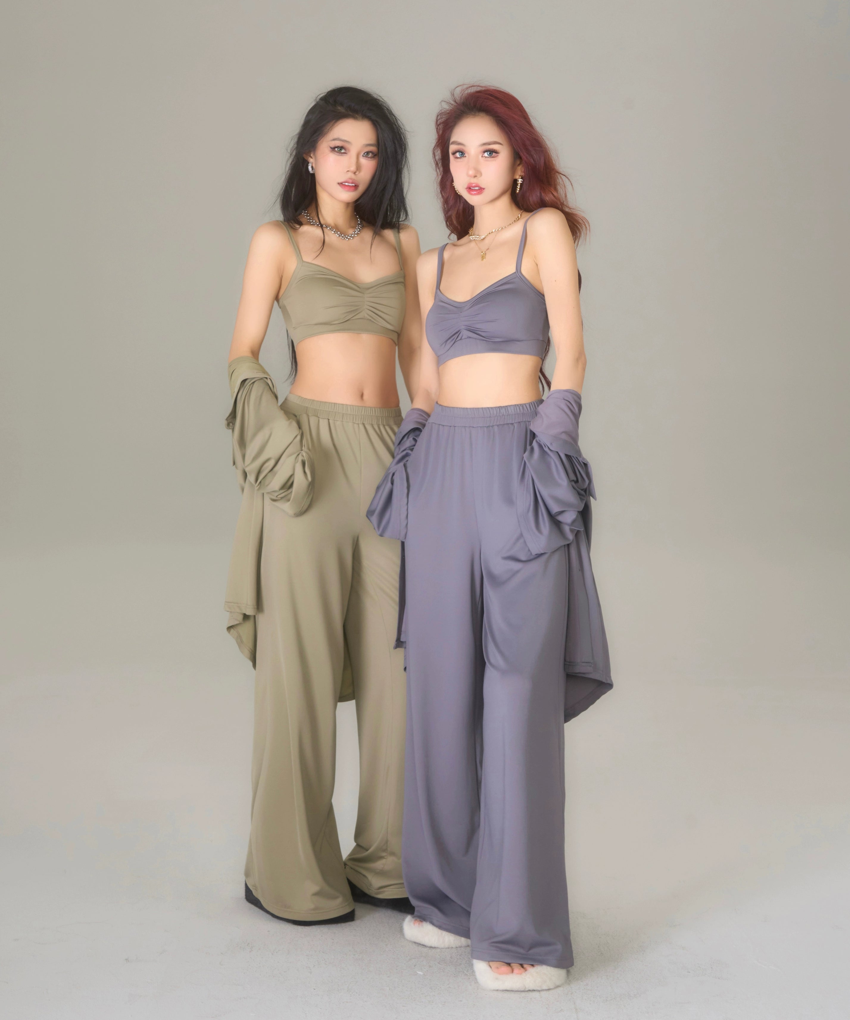 野生zerocircle绿灰色长袖衬衫三件套装女春宽松垂感微喇拖地裤子