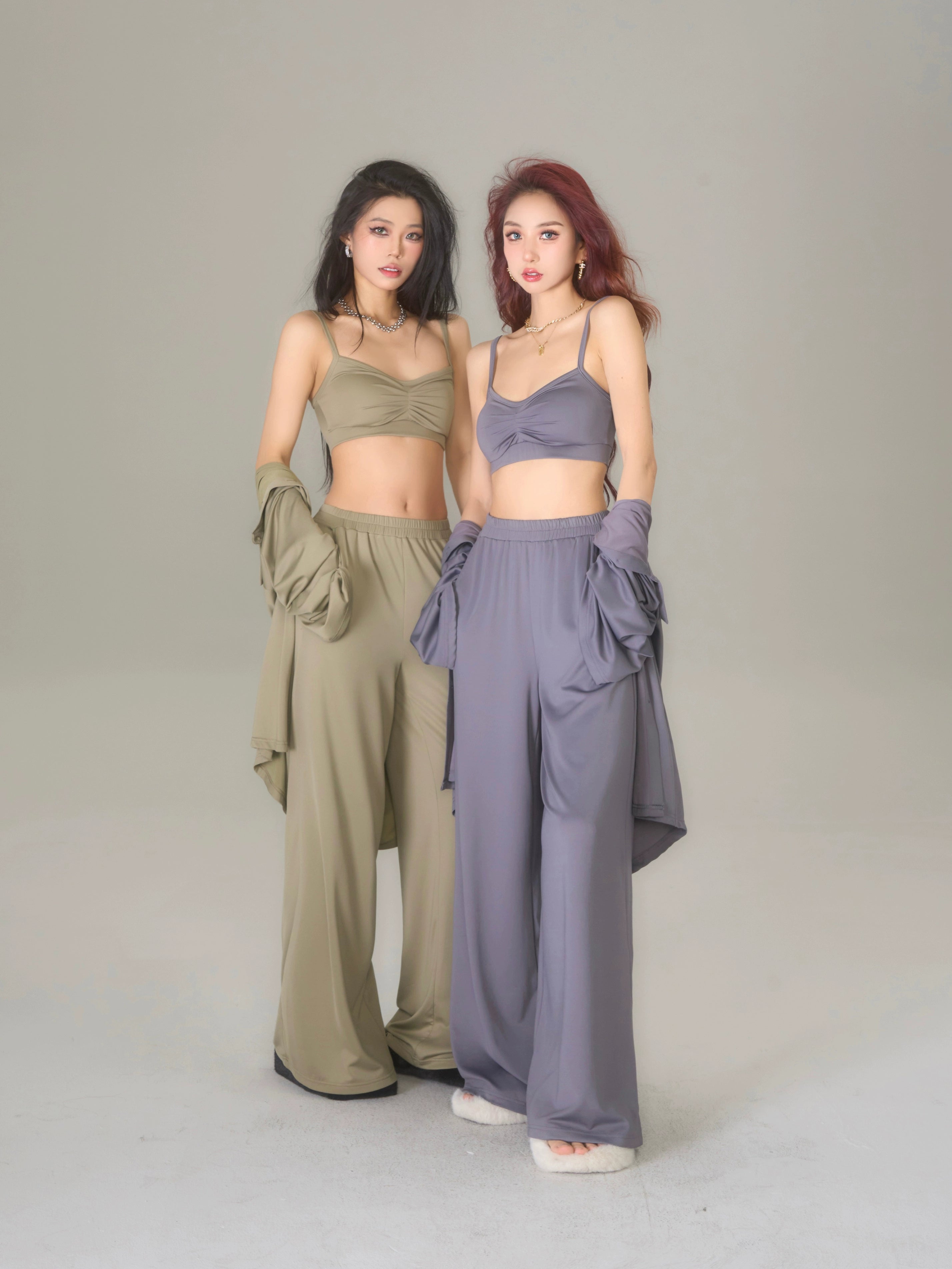 野生zerocircle绿灰色长袖衬衫三件套装女春宽松垂感微喇拖地裤子