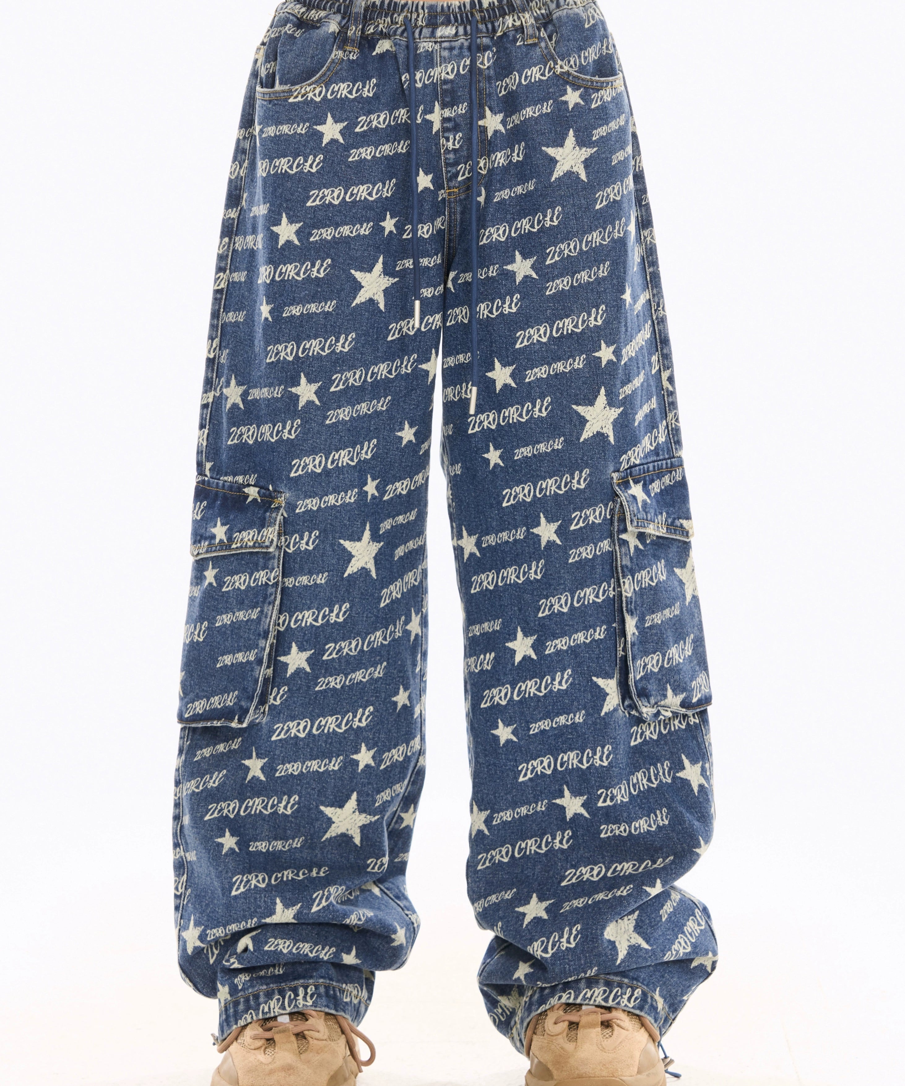 野生zerocircle印花松紧腰牛仔裤女春设计感显瘦宽松直筒阔腿裤子