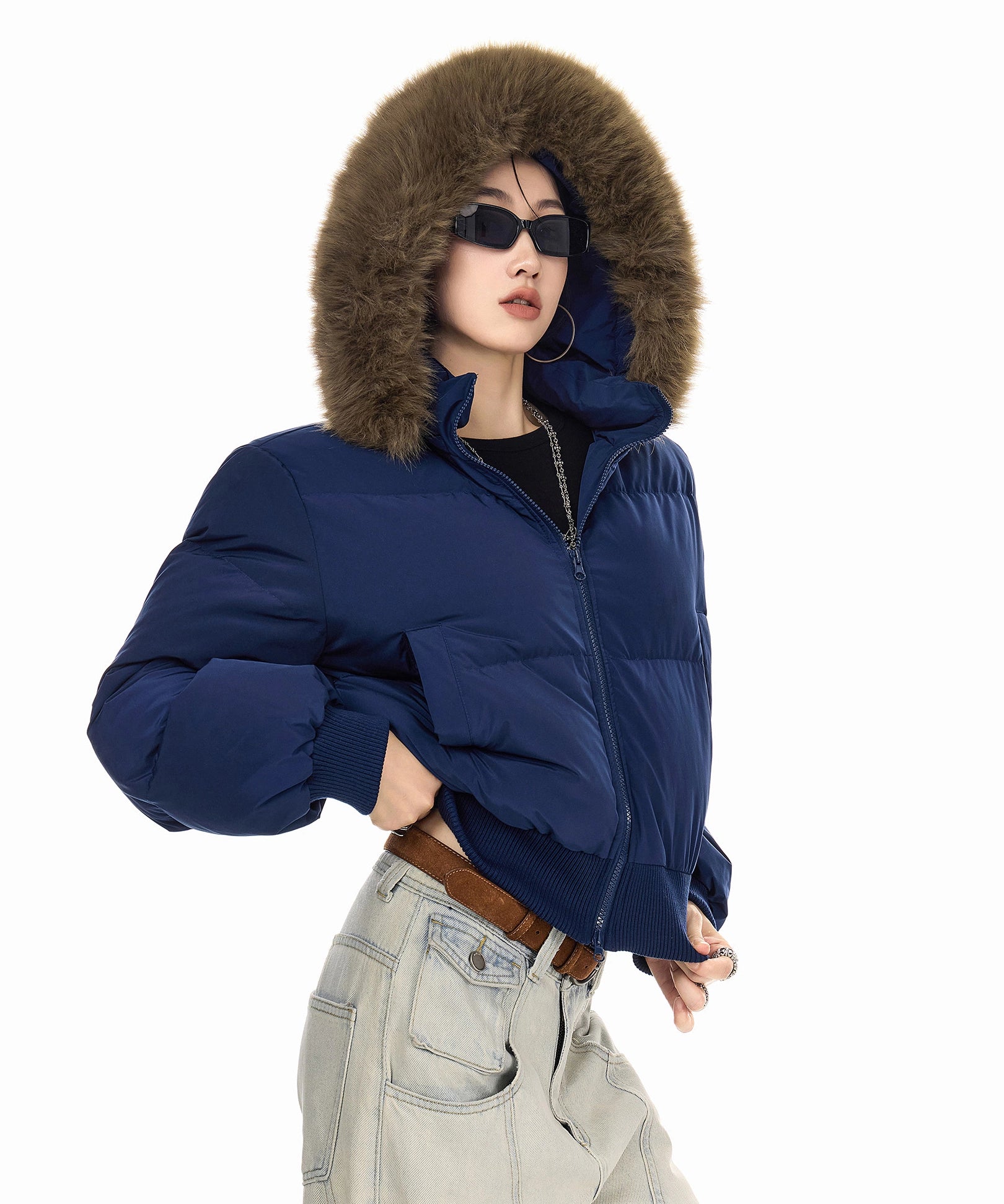 ICH MODE 美式复古大毛领短款棉服女秋冬季连帽开衫棉袄修身外套