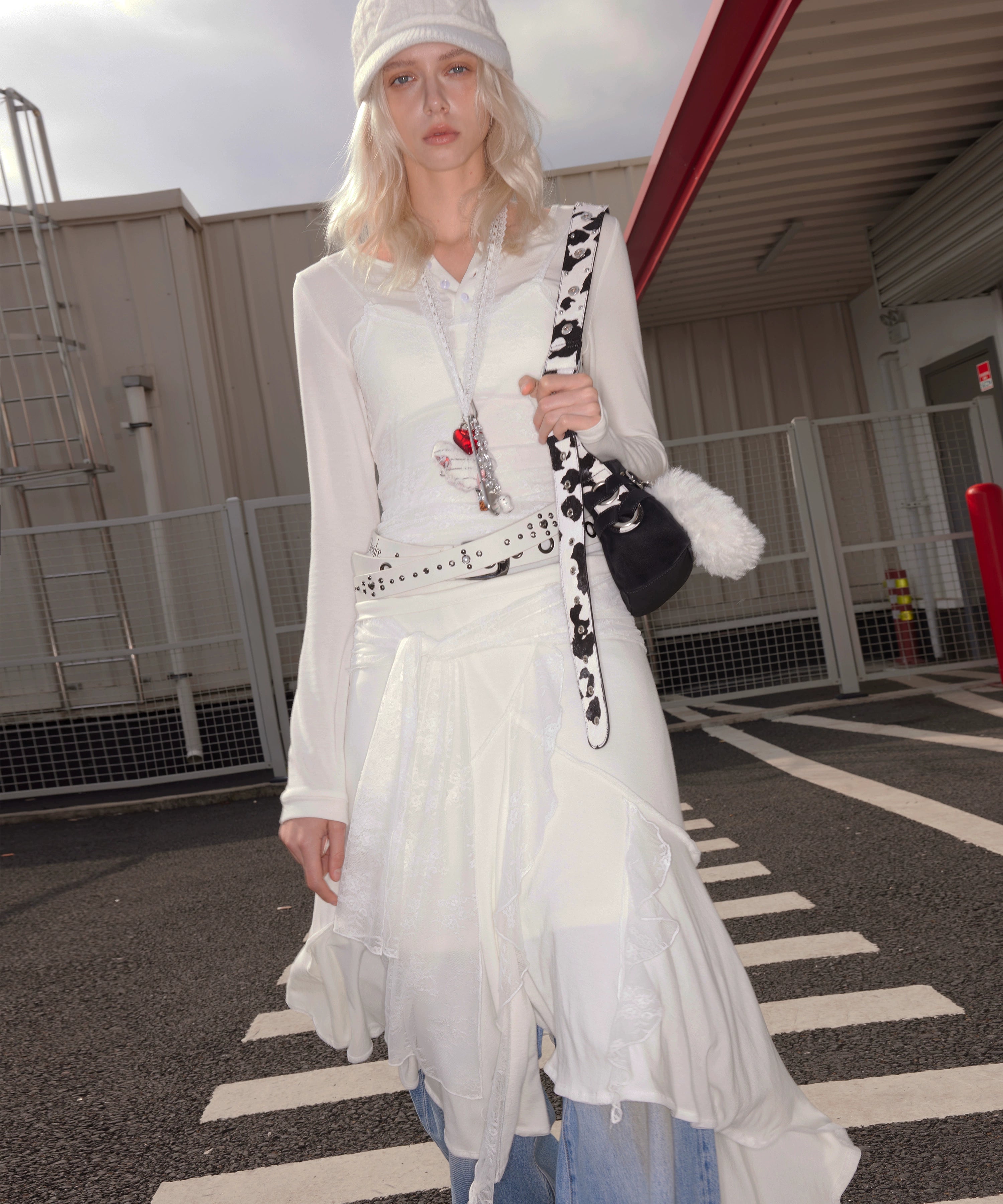 2th Desire羊毛蕾丝拼接绑带垂坠感不规则休闲慵懒显瘦针织半身裙