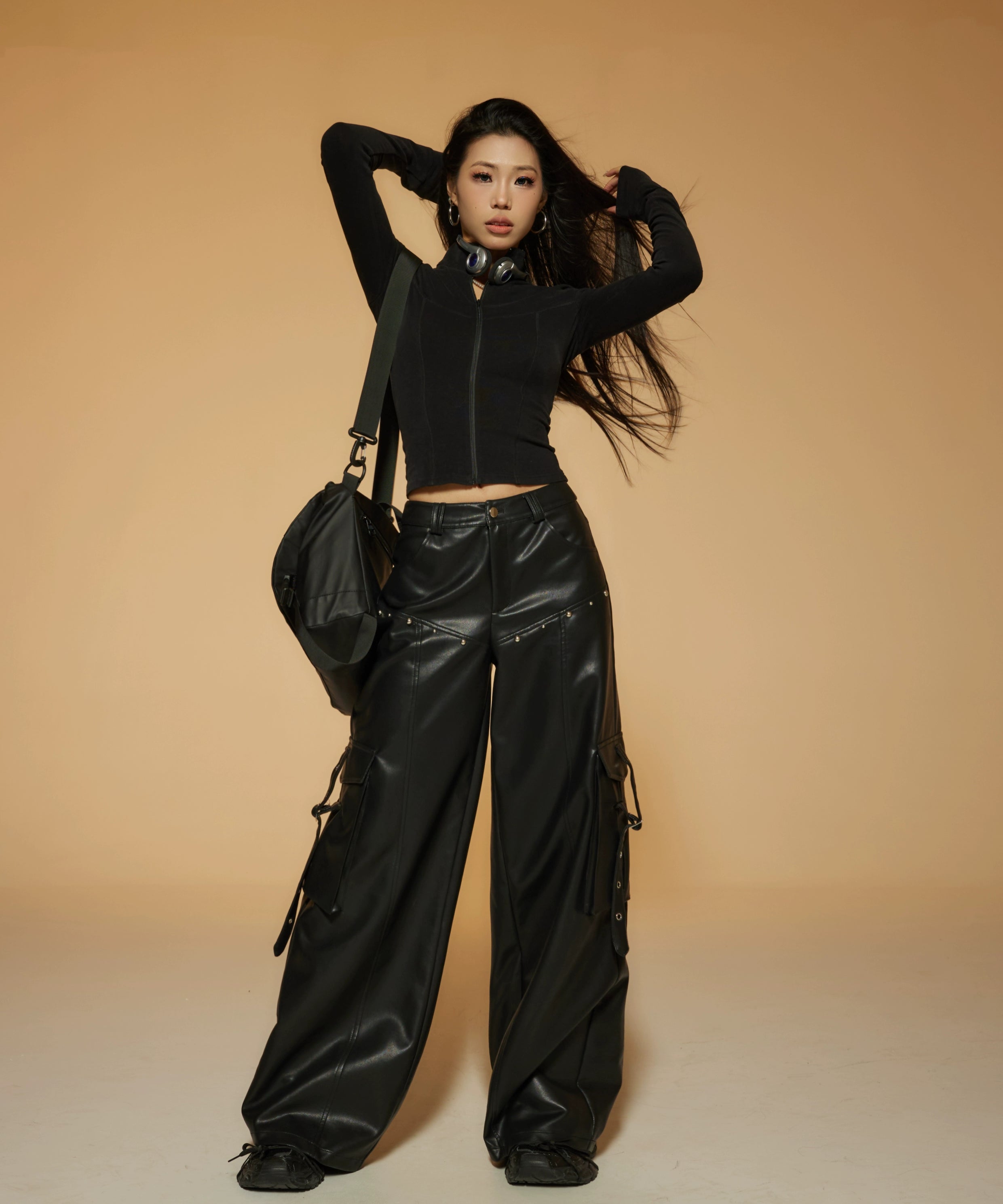 野生zerocircle皮裤女春季设计感宽松显瘦直筒休闲阔腿黑银色裤子