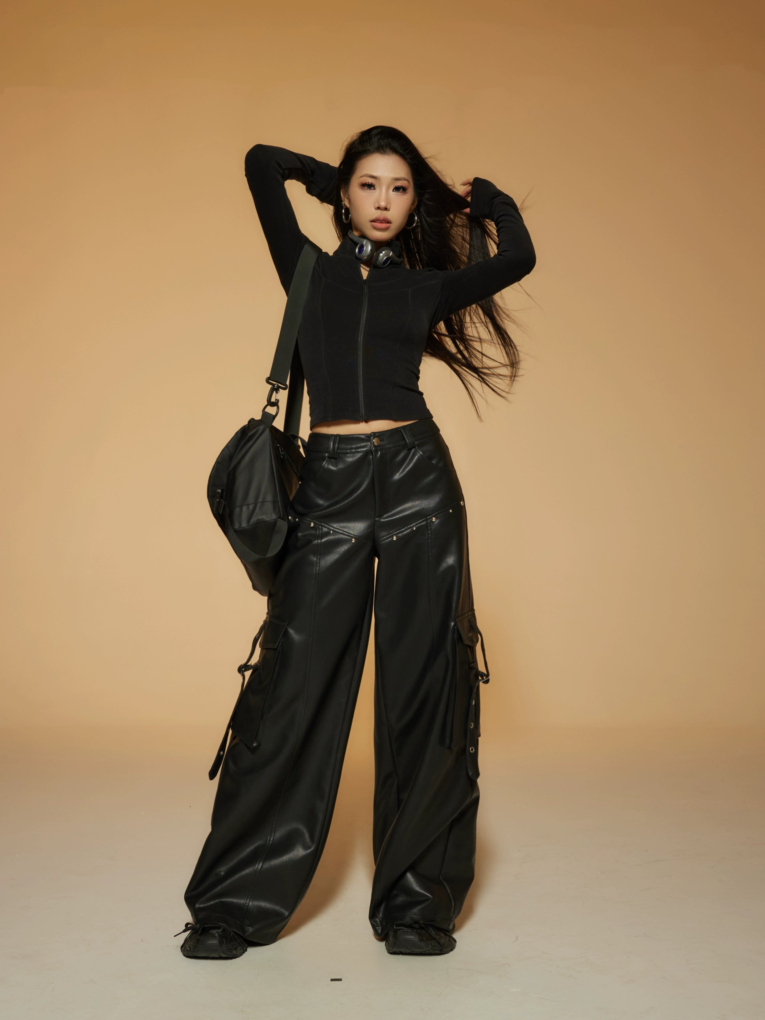 野生zerocircle皮裤女春季设计感宽松显瘦直筒休闲阔腿黑银色裤子