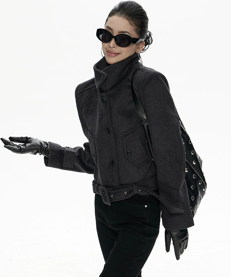 野生zero立领宽松毛呢外套女秋冬新款设计感小众加厚显瘦长袖上衣