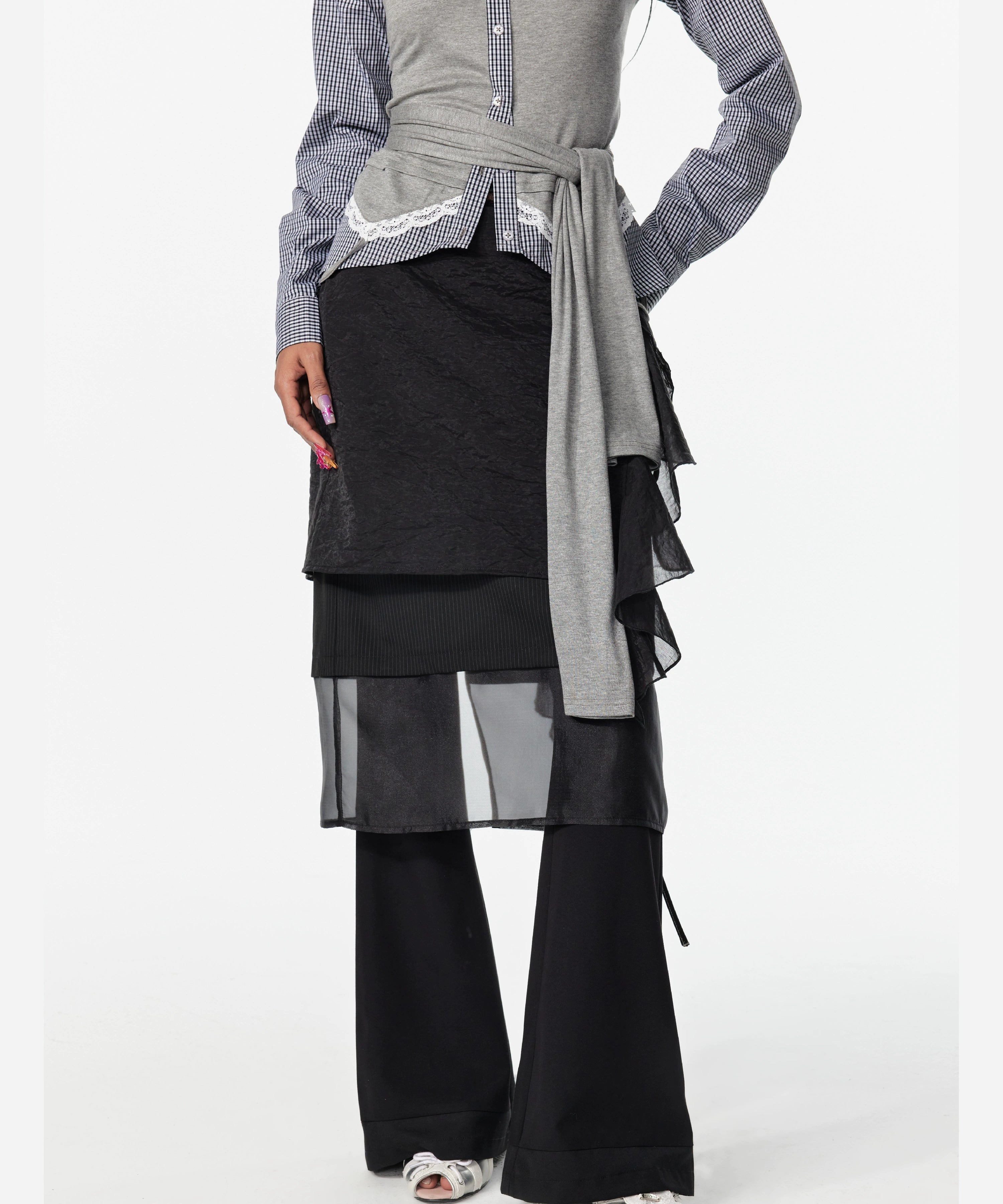 2th Desire叠穿多层撞色薄雾少女绑带设计感短款网纱西装半身裙女