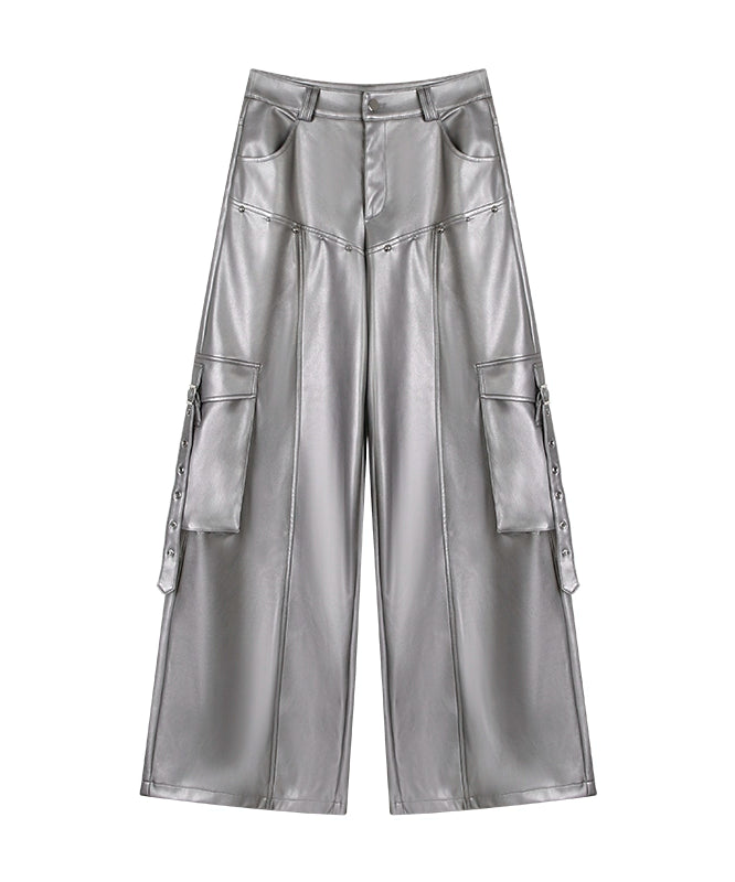 野生zerocircle皮裤女春季设计感宽松显瘦直筒休闲阔腿黑银色裤子