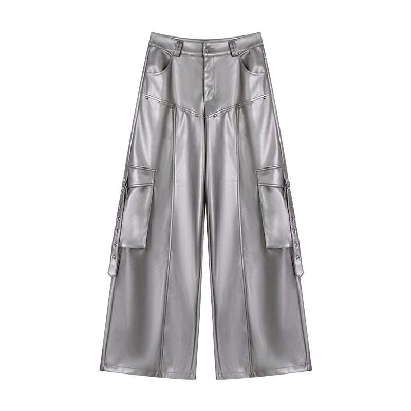 野生zerocircle皮裤女春季设计感宽松显瘦直筒休闲阔腿黑银色裤子