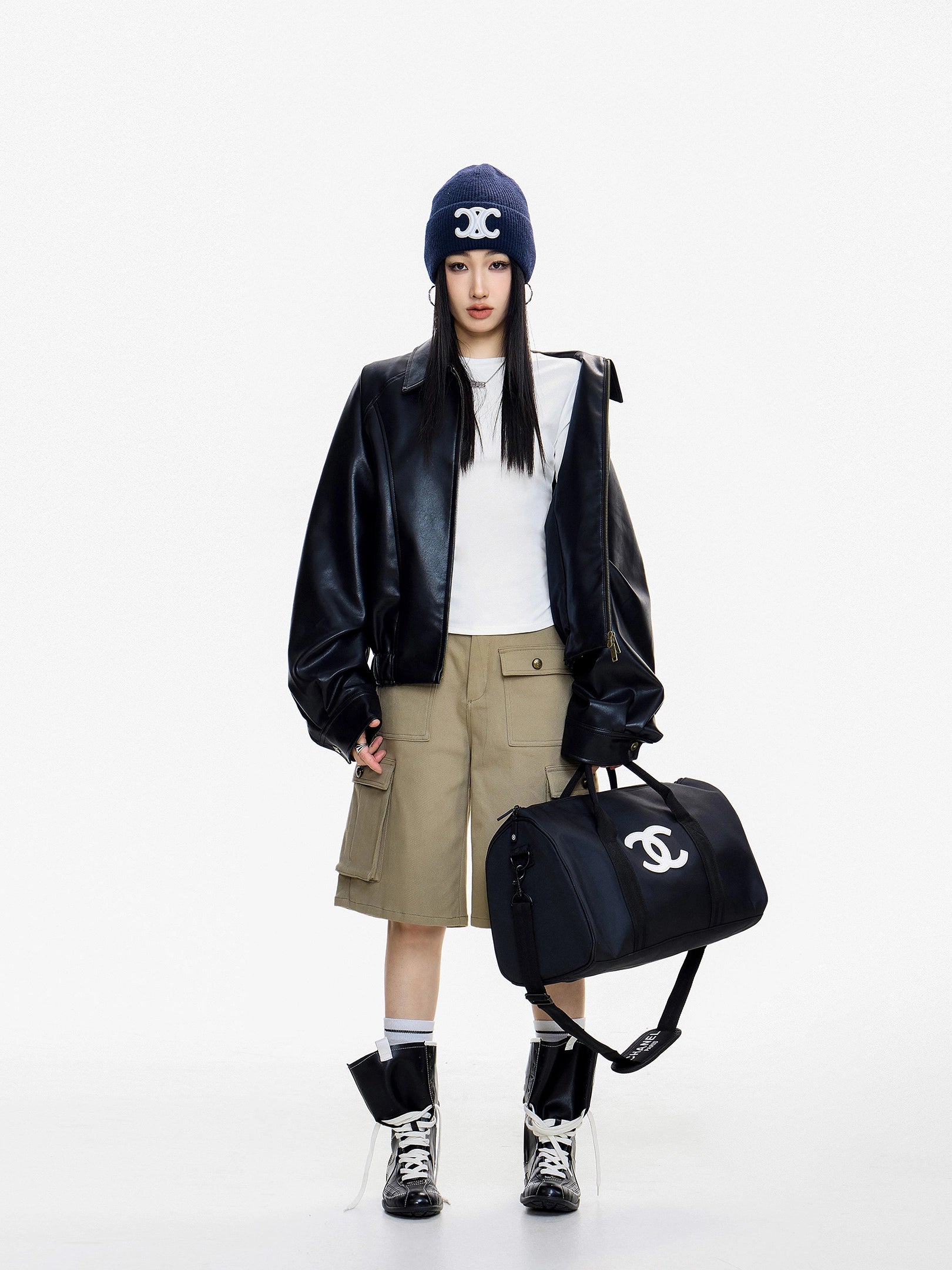 ICH MODE 美式复古正肩长袖T恤女秋冬2025新款修身打底一字肩上衣