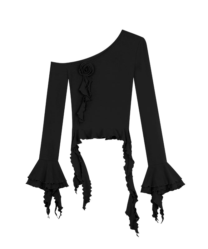 野生zerocircle 黑酒红色斜肩花朵长袖上衣女春夏辣妹修身显瘦t恤