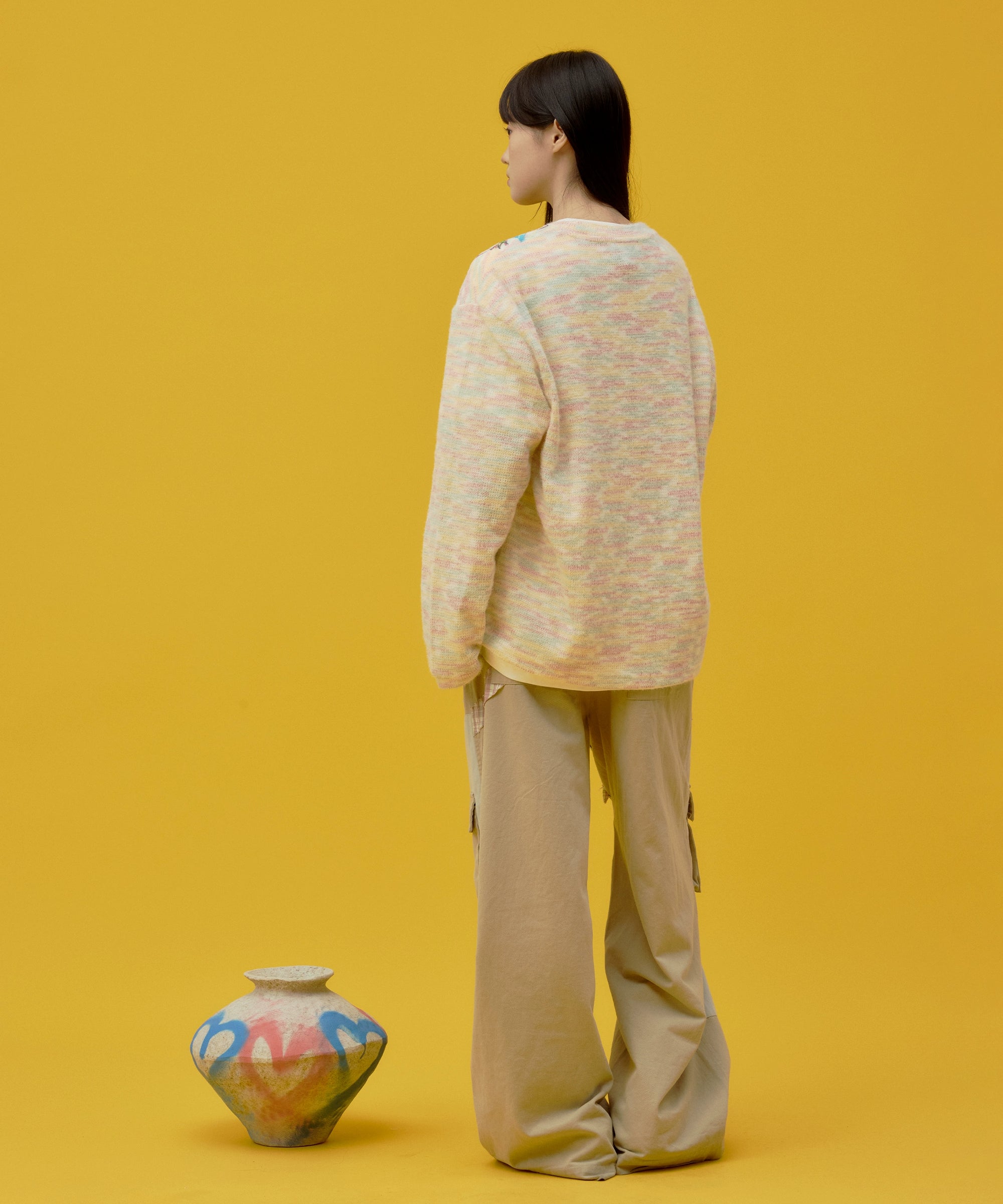 eeeeArtmonster“过肩龙”彩虹色长袖T恤打底上衣圆领套头针织衫