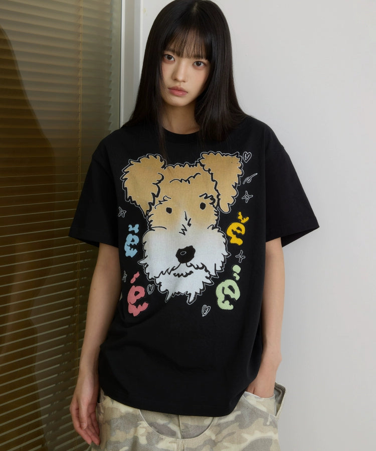 “白雪”｜eeee创意刚毛猎狐梗狗狗短袖宽松彩色字母牙刷绣T恤夏