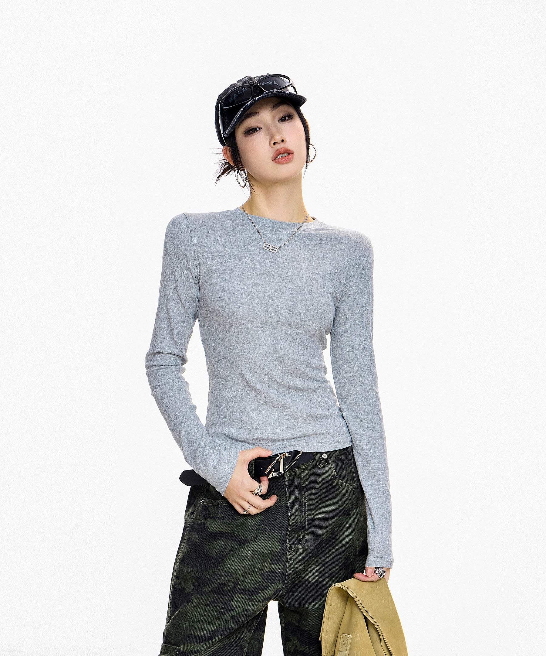 ICH MODE 美式复古正肩长袖T恤女秋冬2025新款修身打底一字肩上衣