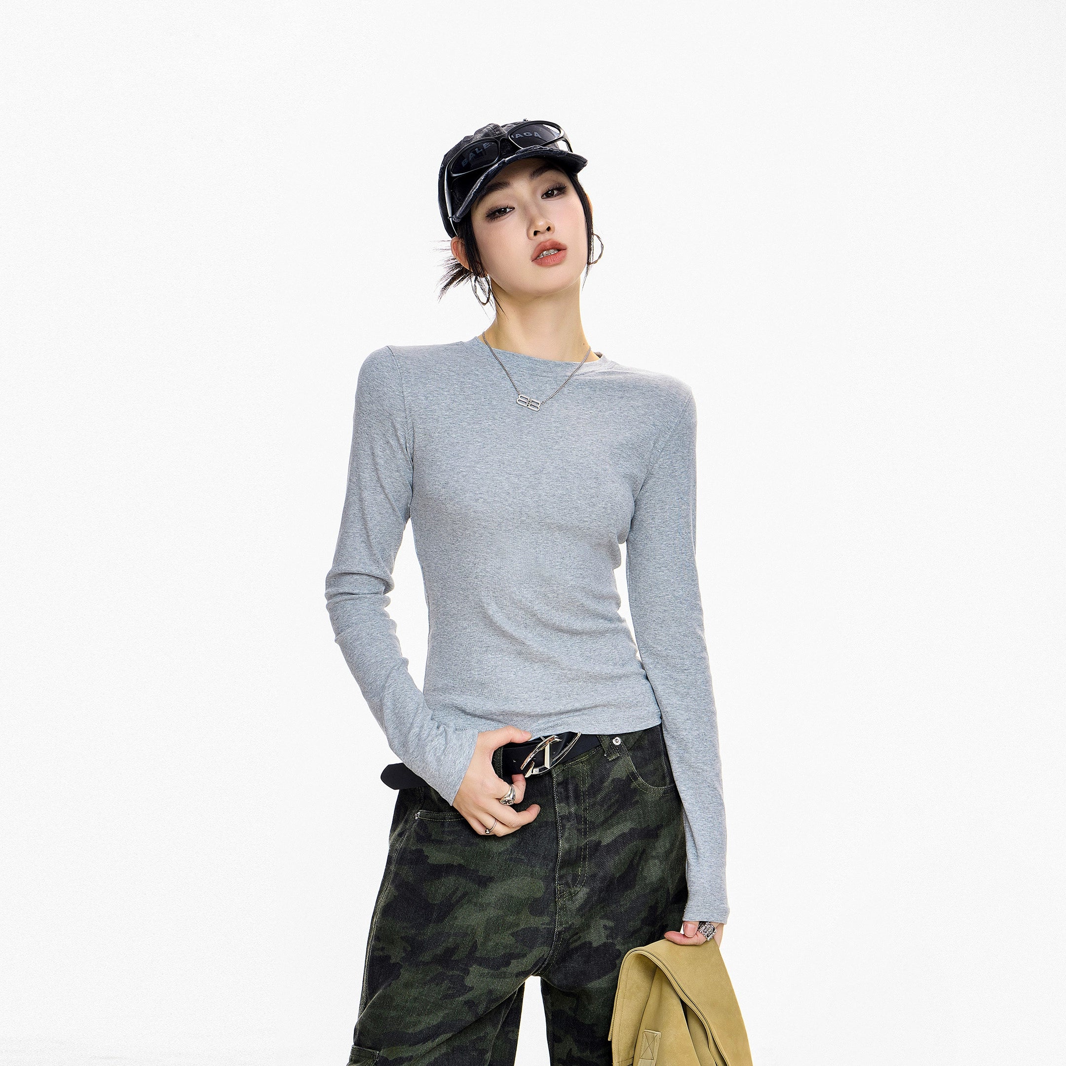 ICH MODE 美式复古正肩长袖T恤女秋冬2025新款修身打底一字肩上衣