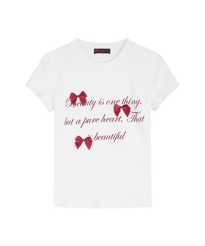 野生zero 白灰色正肩短袖t恤女夏季修身显瘦印花蝴蝶结甜辣小上衣