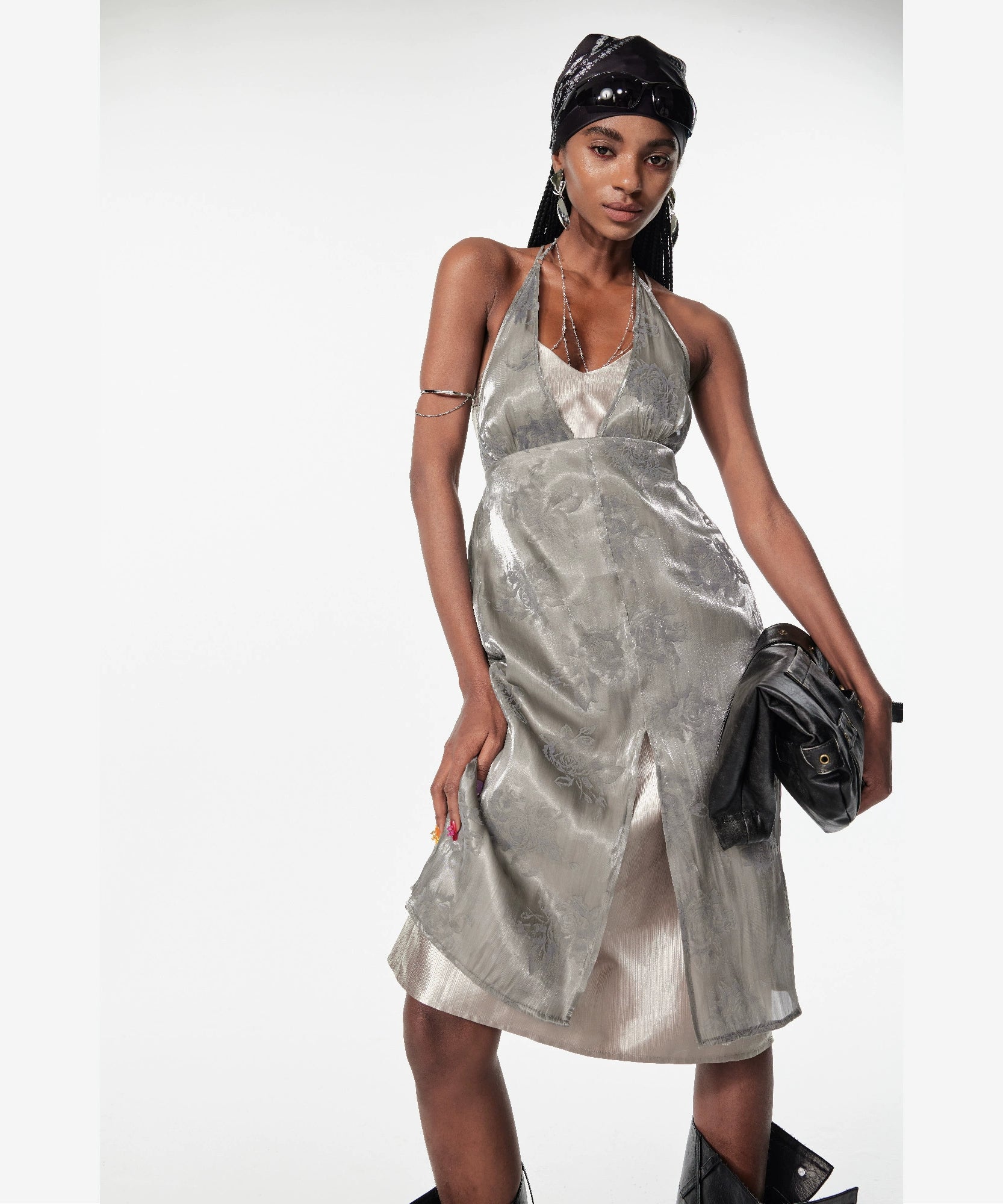 2th Desire假两件双层银丝花边绑带无袖露背度假风吊带裙连衣裙女