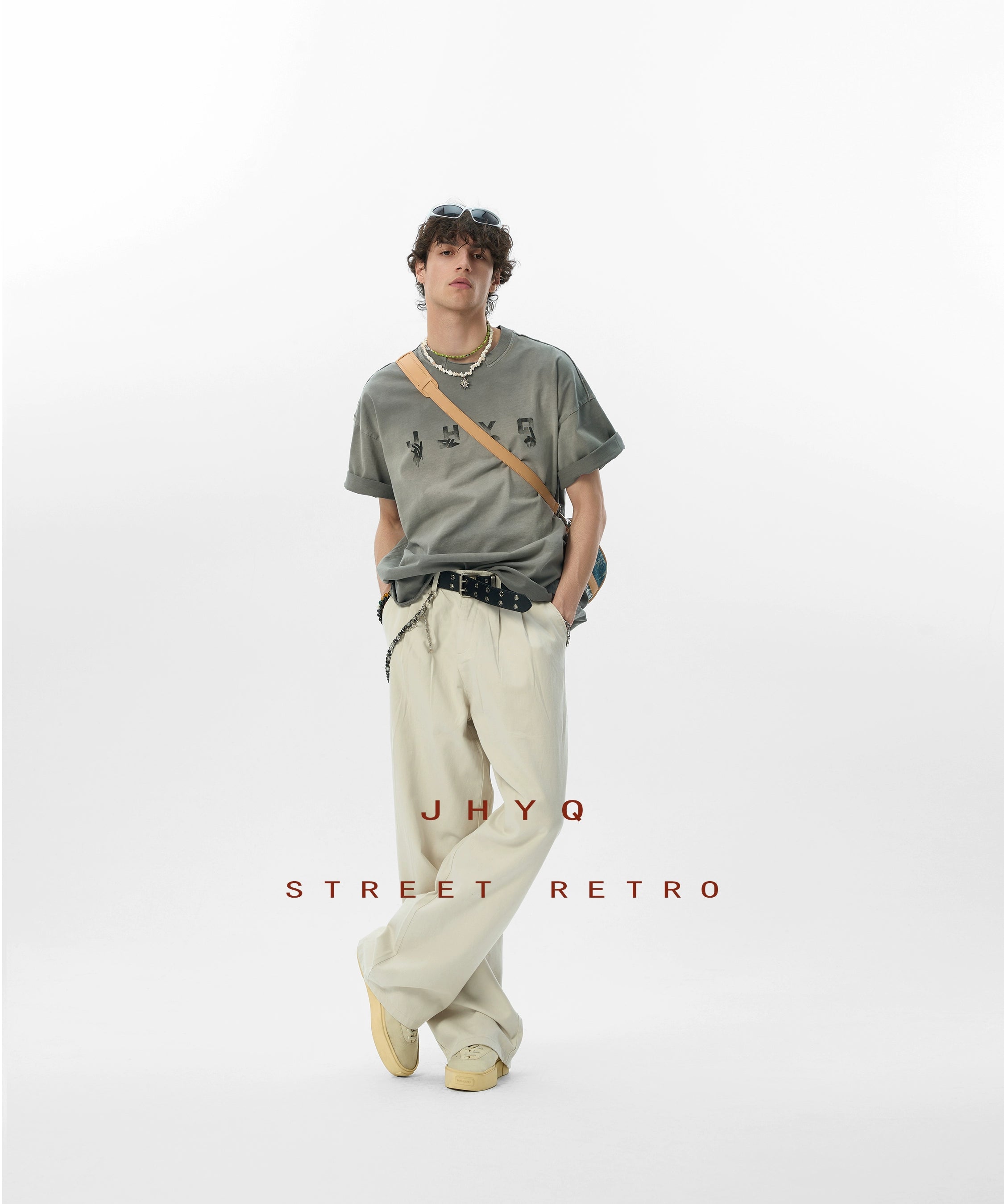 【水洗系列】JHYQ美式做旧创意手势印花落肩双领短袖T恤男夏宽松