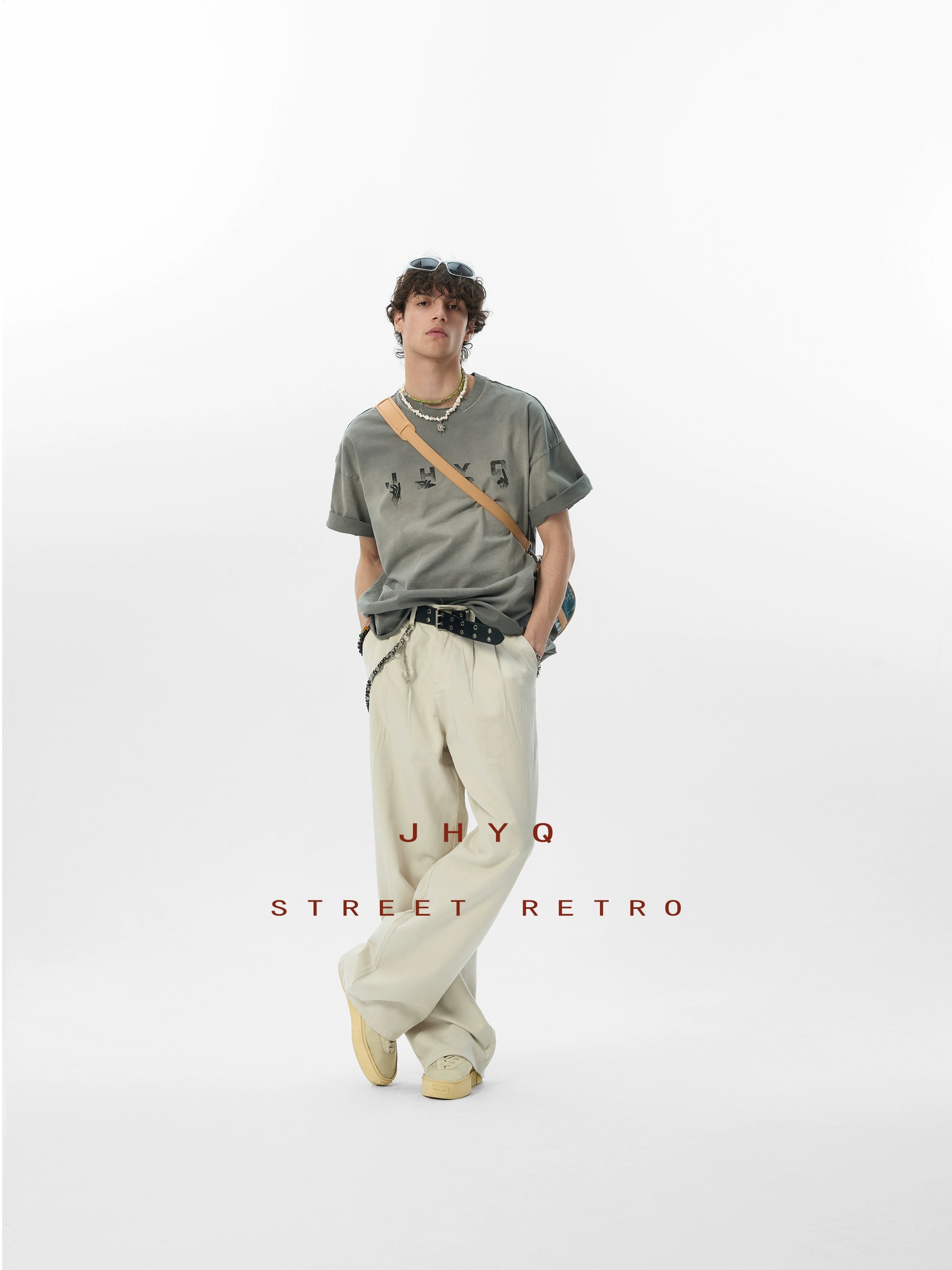 【水洗系列】JHYQ美式做旧创意手势印花落肩双领短袖T恤男夏宽松