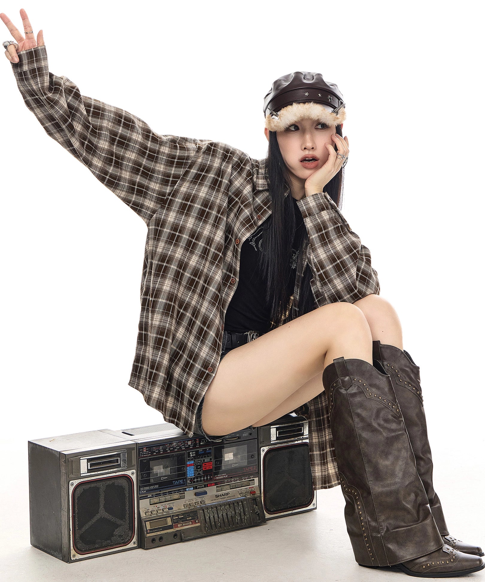 ICH MODE 美式复古休闲格子衬衫女2025新款宽松衬衣外套翻领上衣