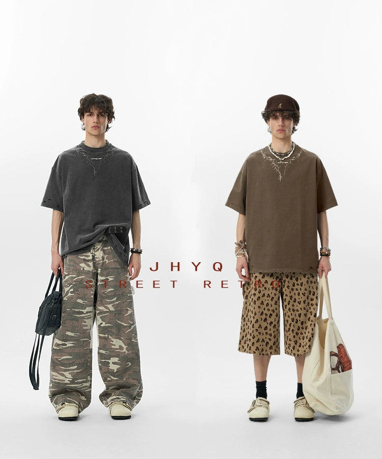 【李沛恩同款】JHYQ美式印花重磅磨毛水洗短袖T恤男宽松破洞五分