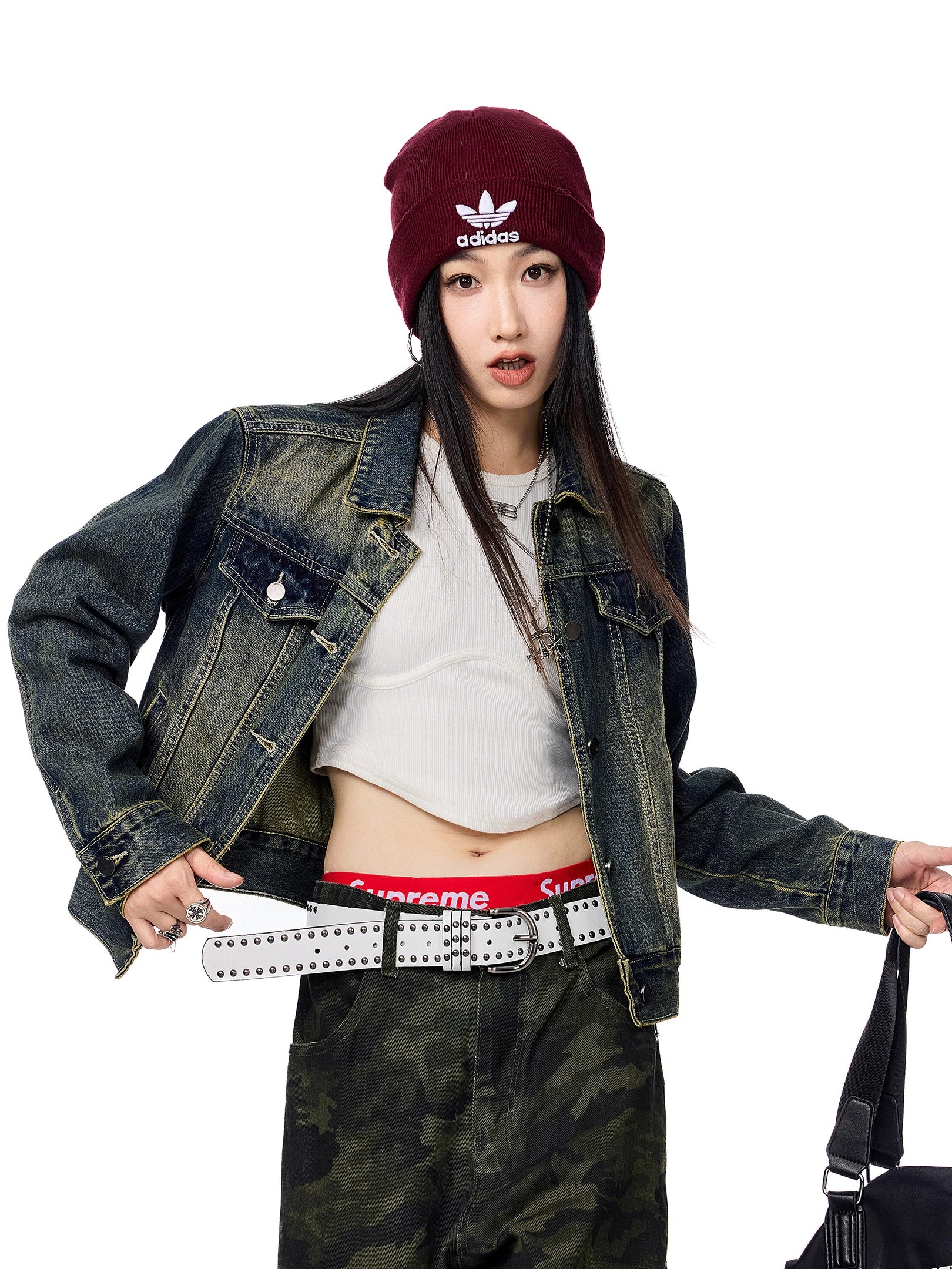 ICH MODE 美式复古做旧牛仔外套女秋冬2025新款短款开衫夹克上衣