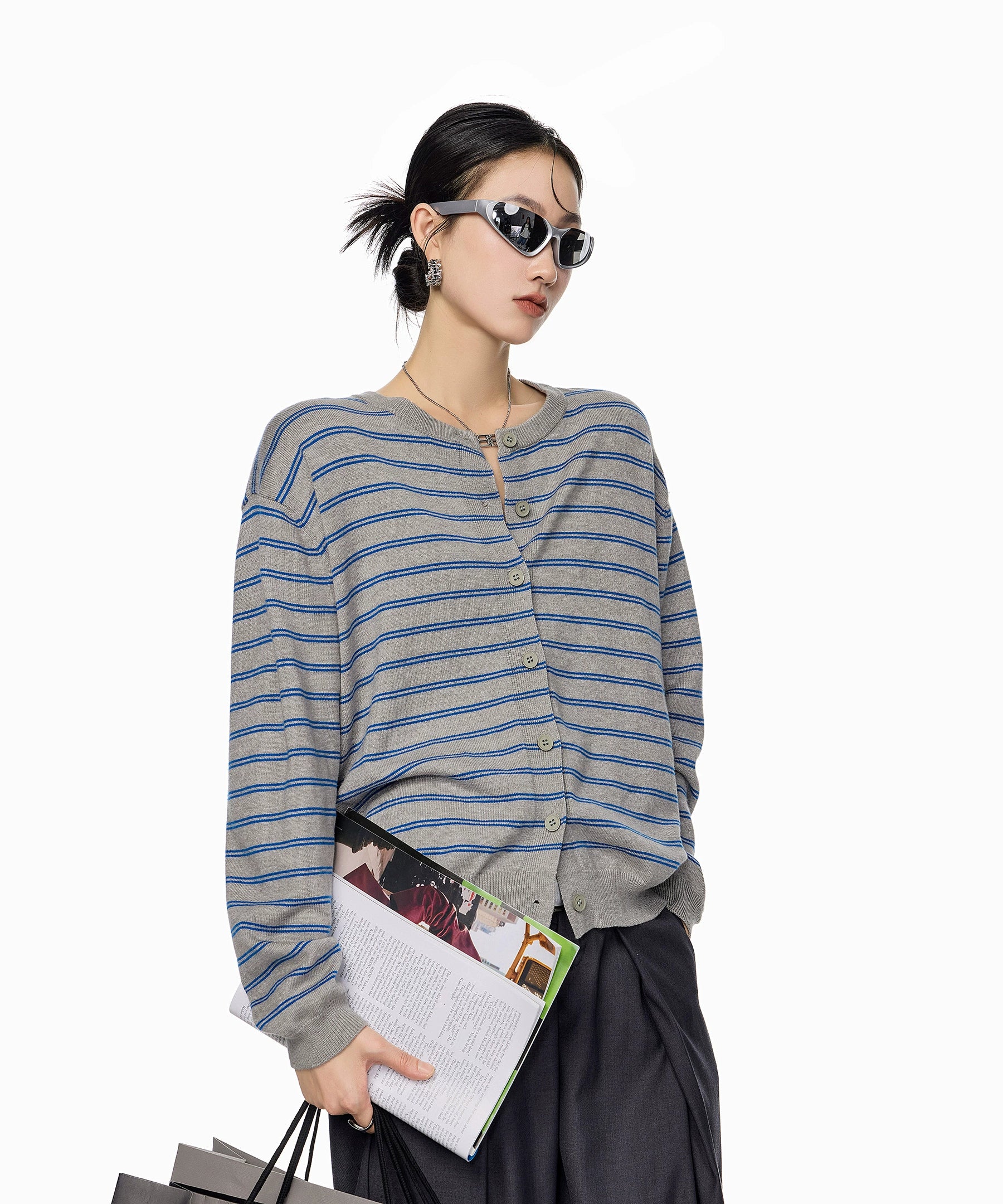 ICH MODE 美式复古条纹针织开衫女秋冬宽松毛衣休闲外搭上衣外套