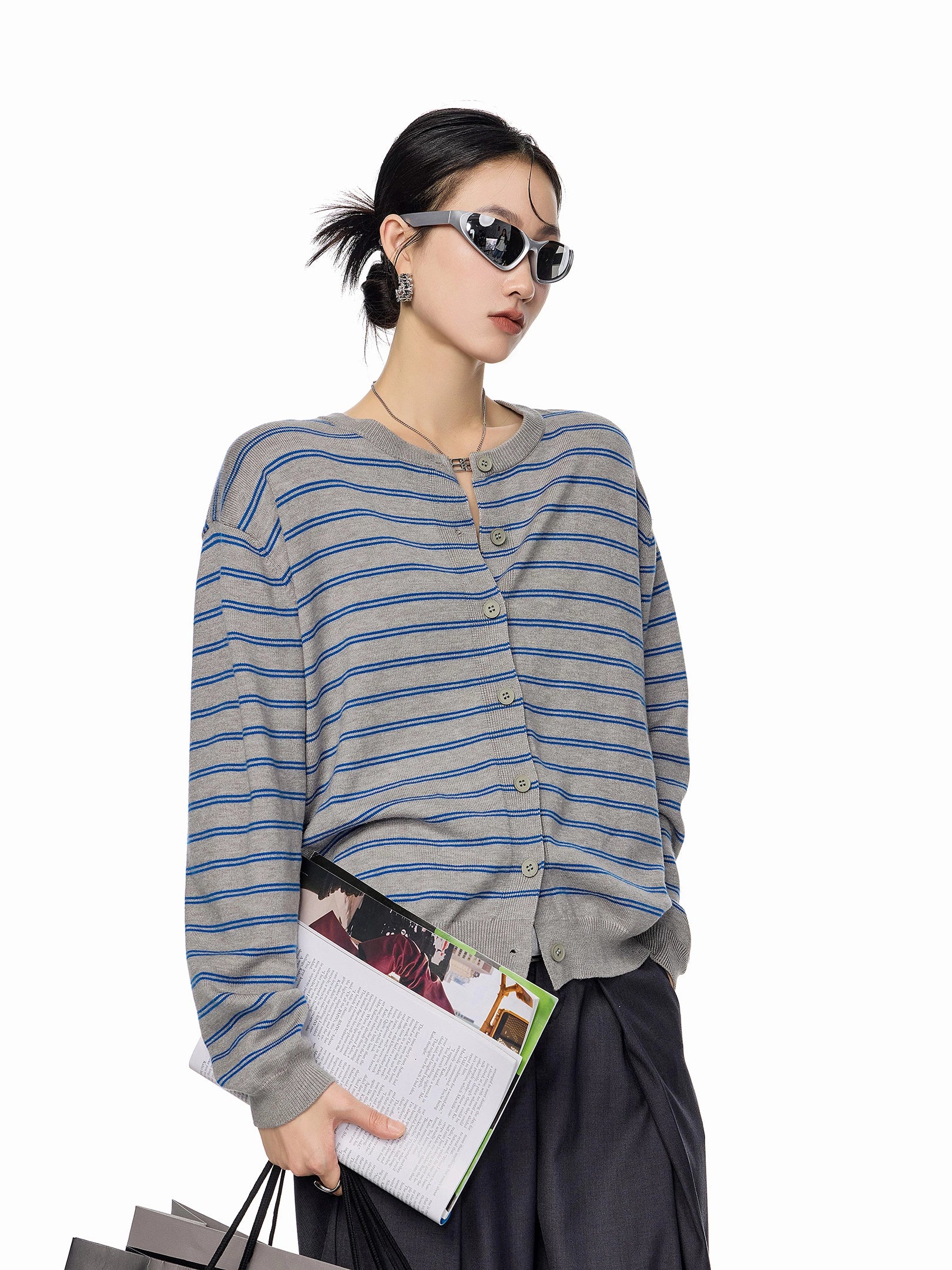 ICH MODE 美式复古条纹针织开衫女秋冬宽松毛衣休闲外搭上衣外套