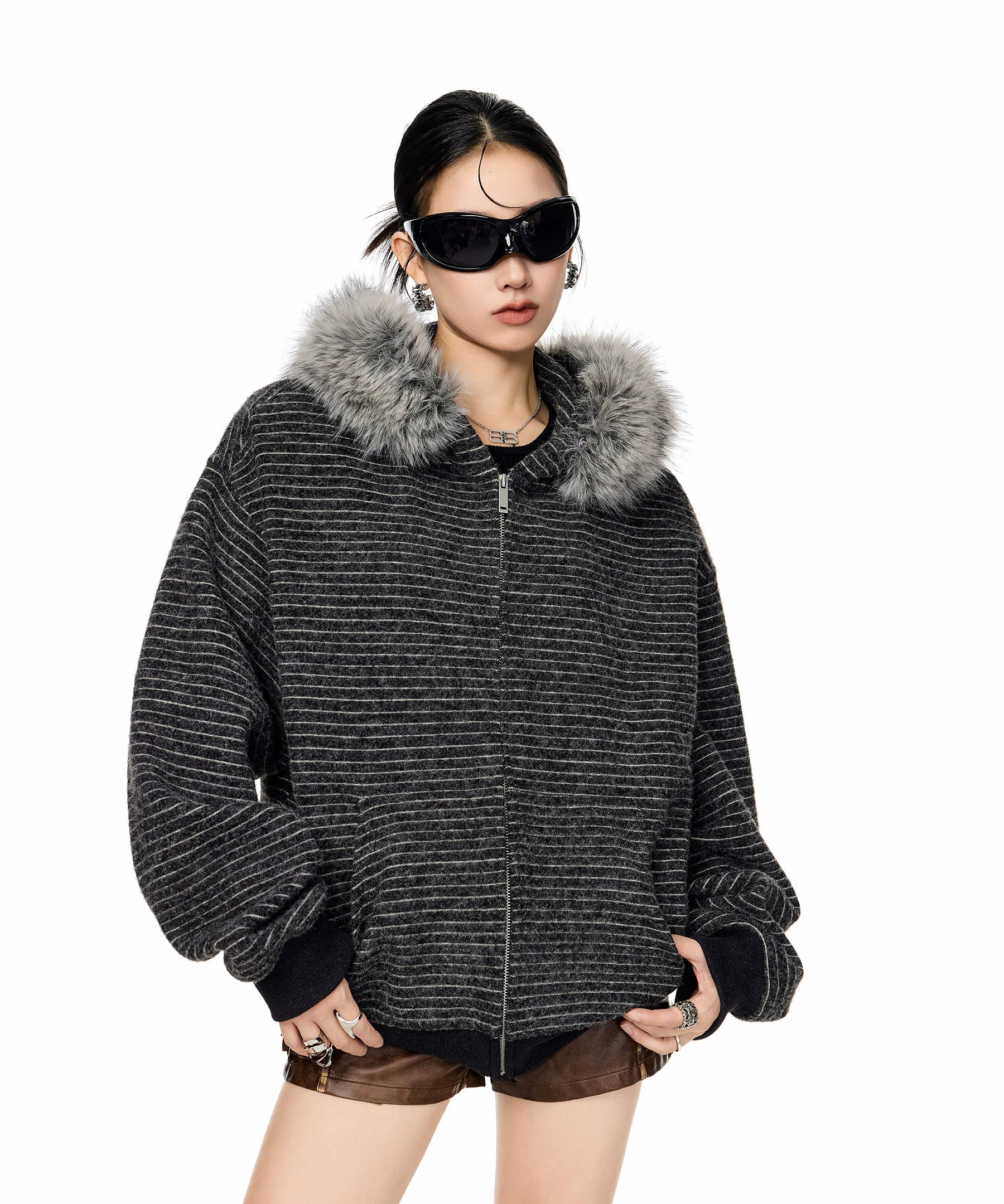 ICH MODE 美式复古条纹毛领连帽卫衣外套女秋冬休闲宽松开衫上衣