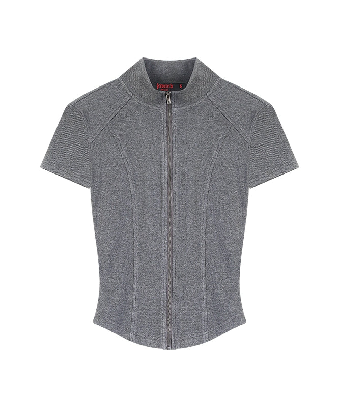 野生zero 黑灰色拉链开衫立领针织上衣女夏季修身显瘦正肩短袖t恤