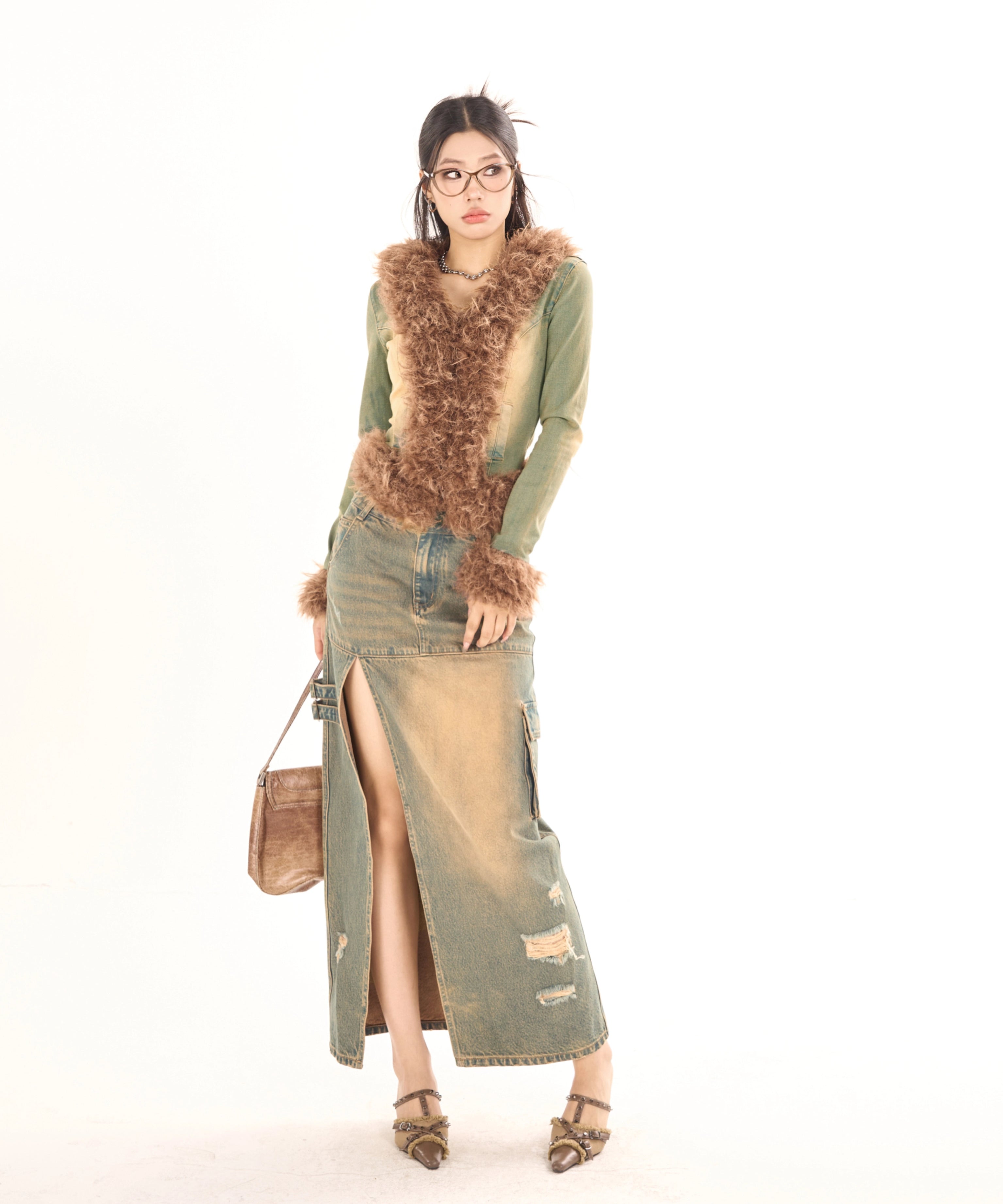 野生zerocircle毛毛拼接牛仔外套女春秋季高级设计感修身显瘦休闲