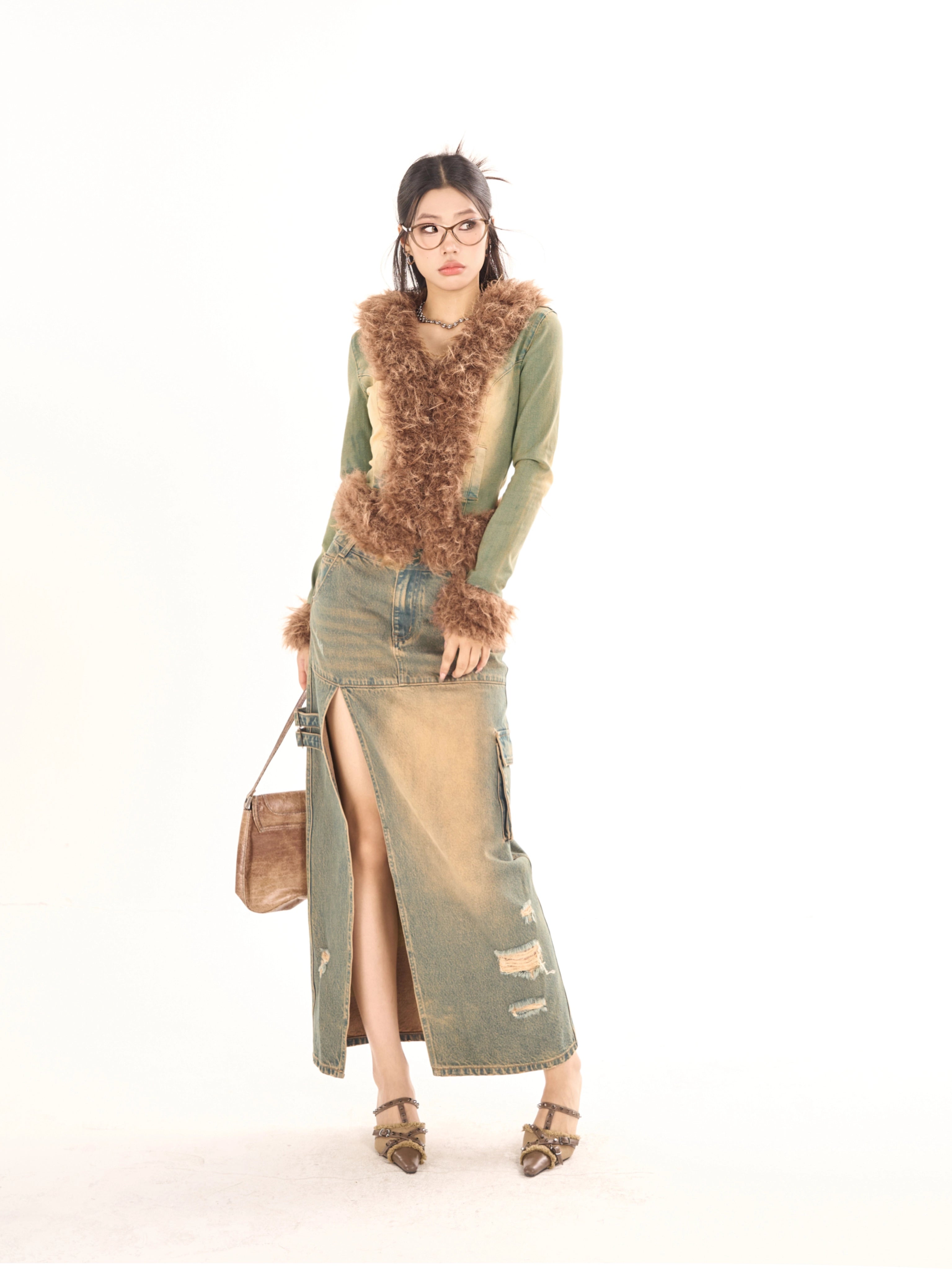 野生zerocircle毛毛拼接牛仔外套女春秋季高级设计感修身显瘦休闲