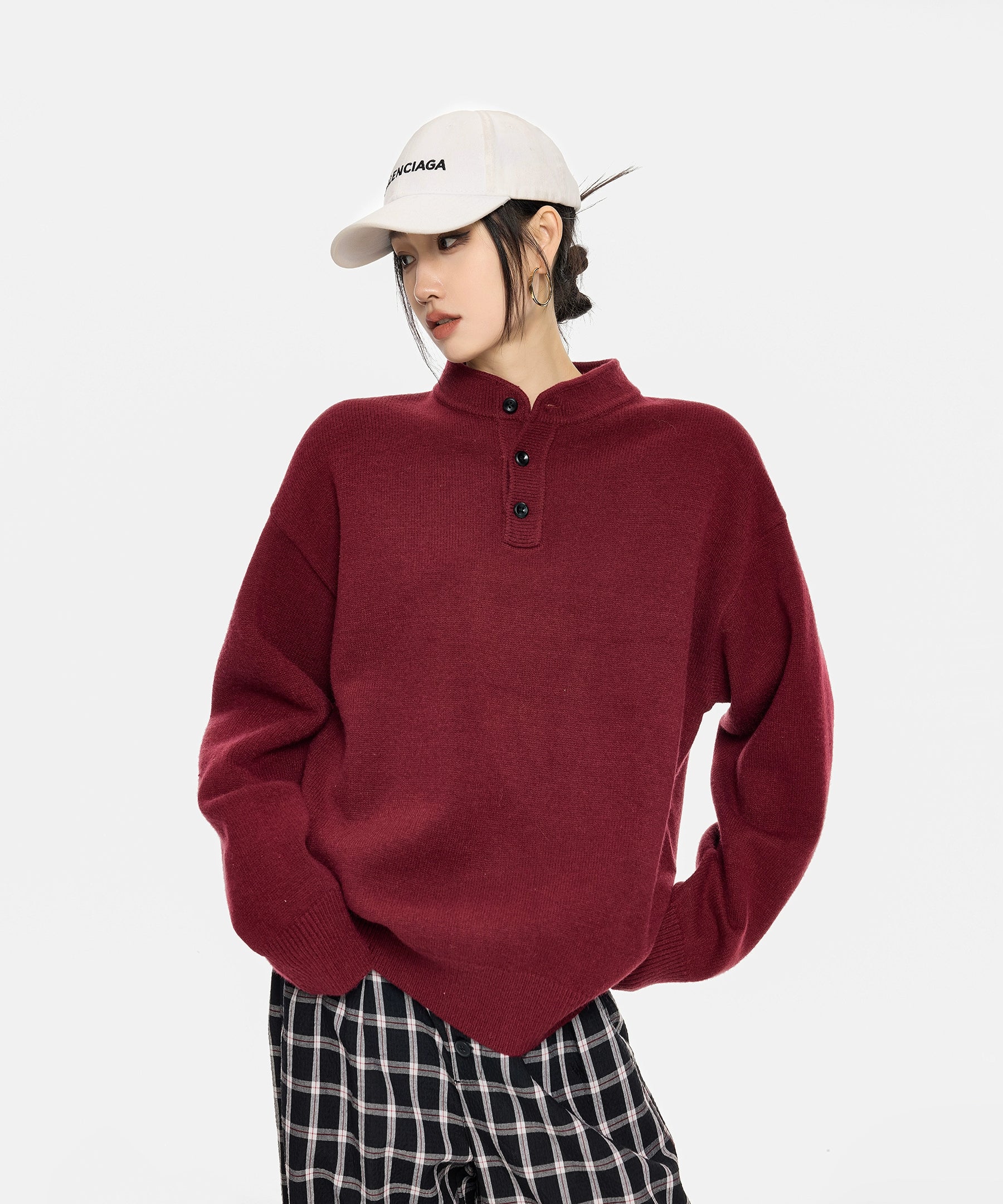 ICH MODE 美式复古亨利领毛衣女秋冬季宽松针织衫慵懒套头毛线衣