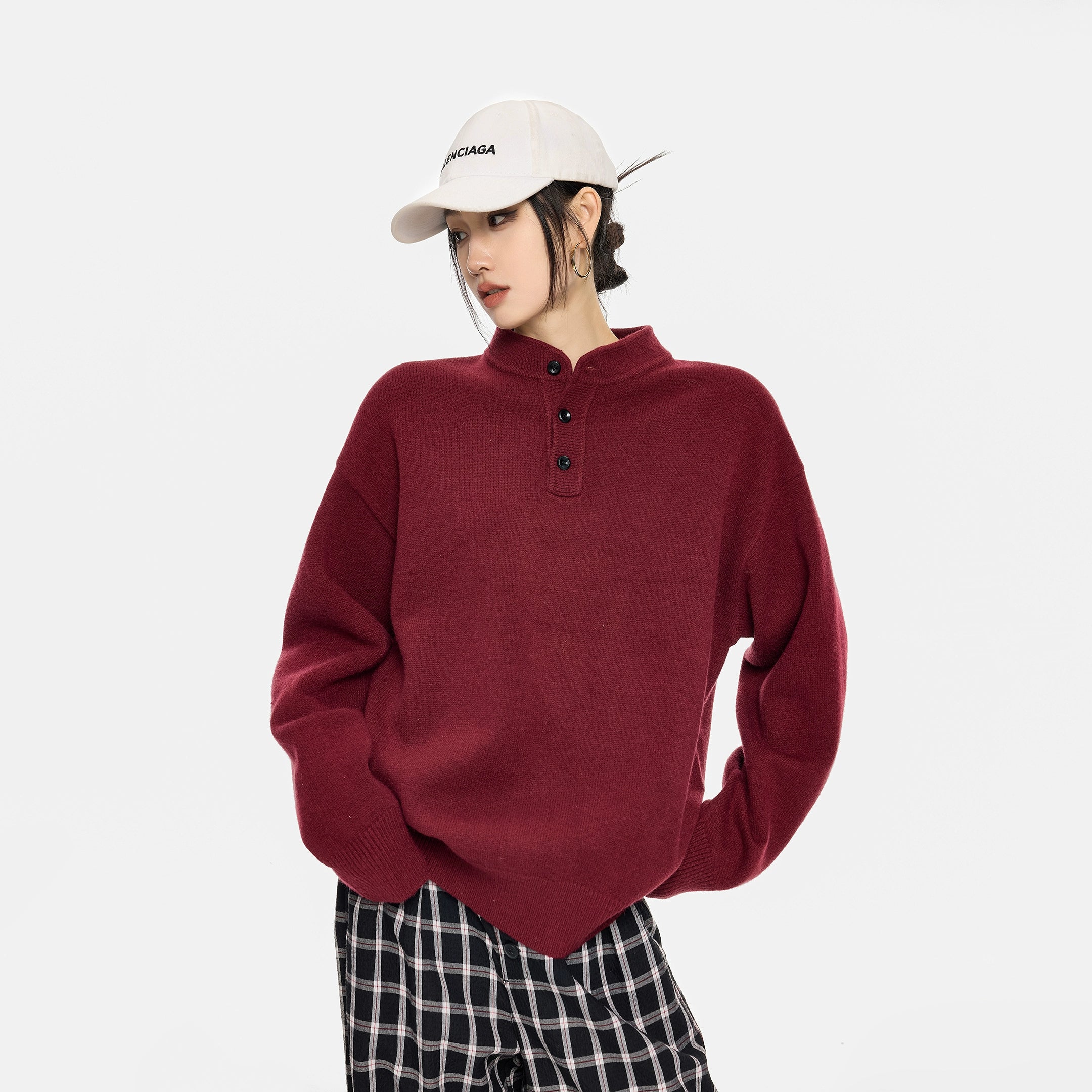 ICH MODE 美式复古亨利领毛衣女秋冬季宽松针织衫慵懒套头毛线衣