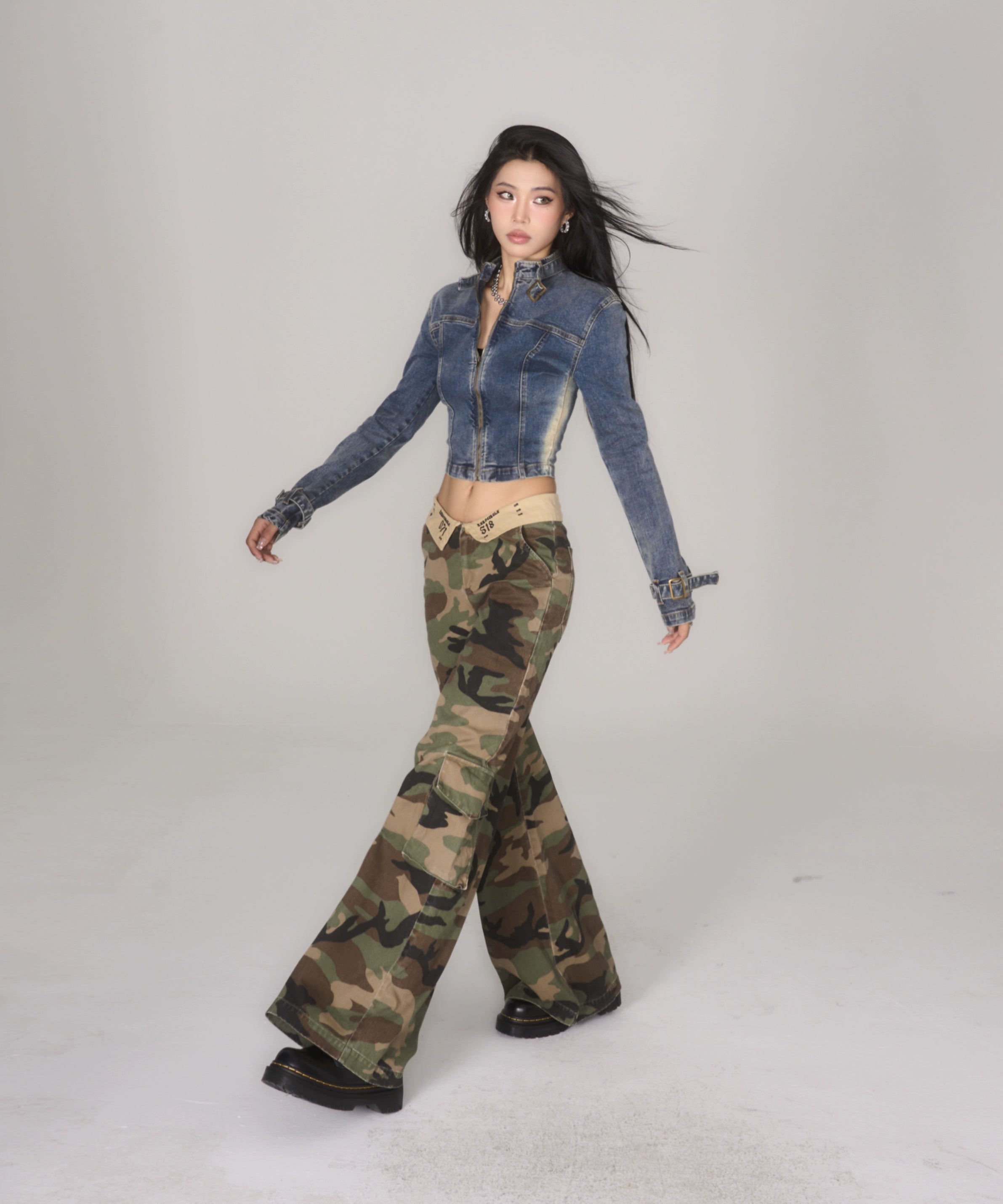 野生zerocircle迷彩低腰工装裤女夏美式显瘦宽松阔腿直筒休闲裤子