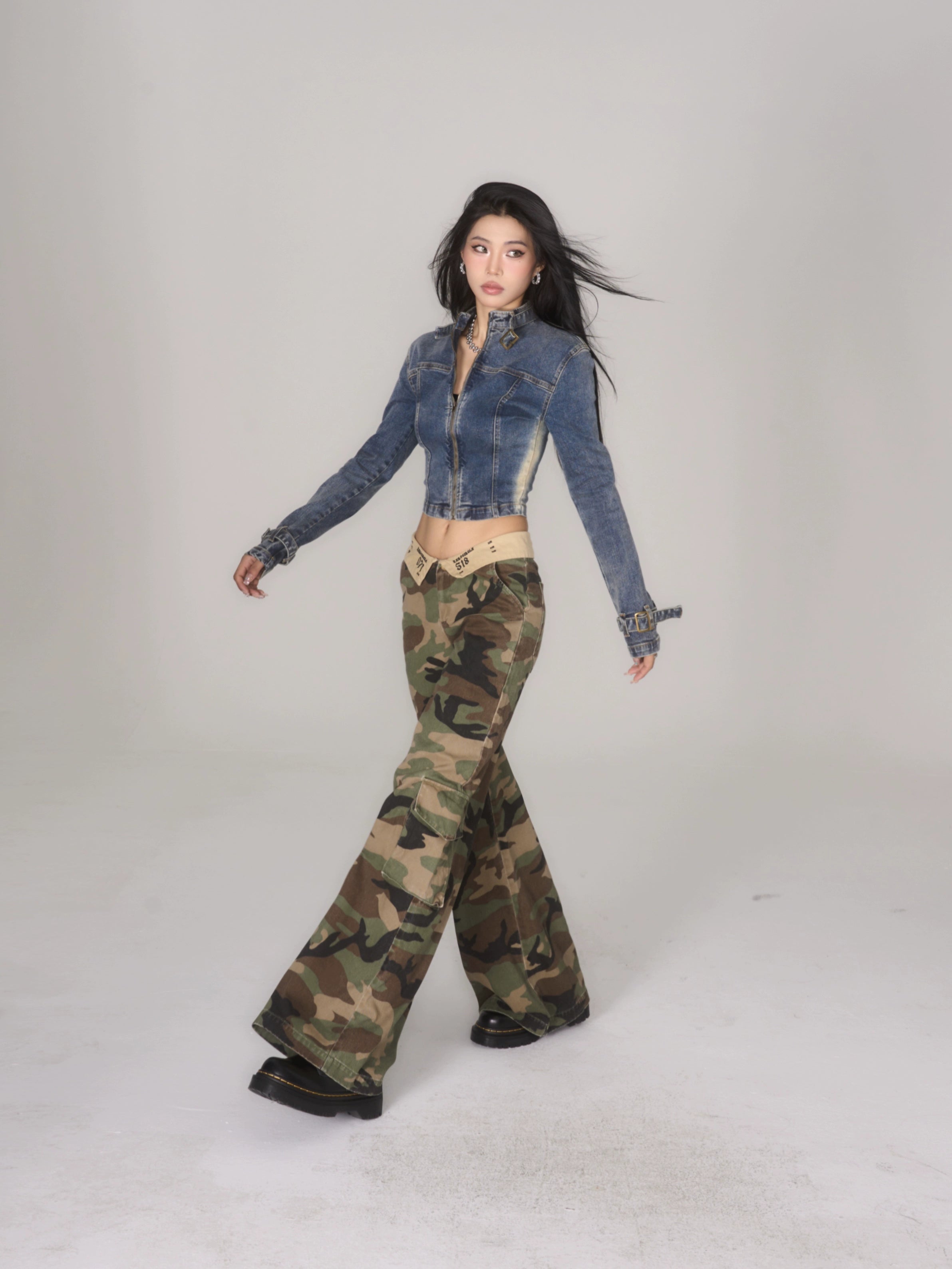 野生zerocircle迷彩低腰工装裤女夏美式显瘦宽松阔腿直筒休闲裤子