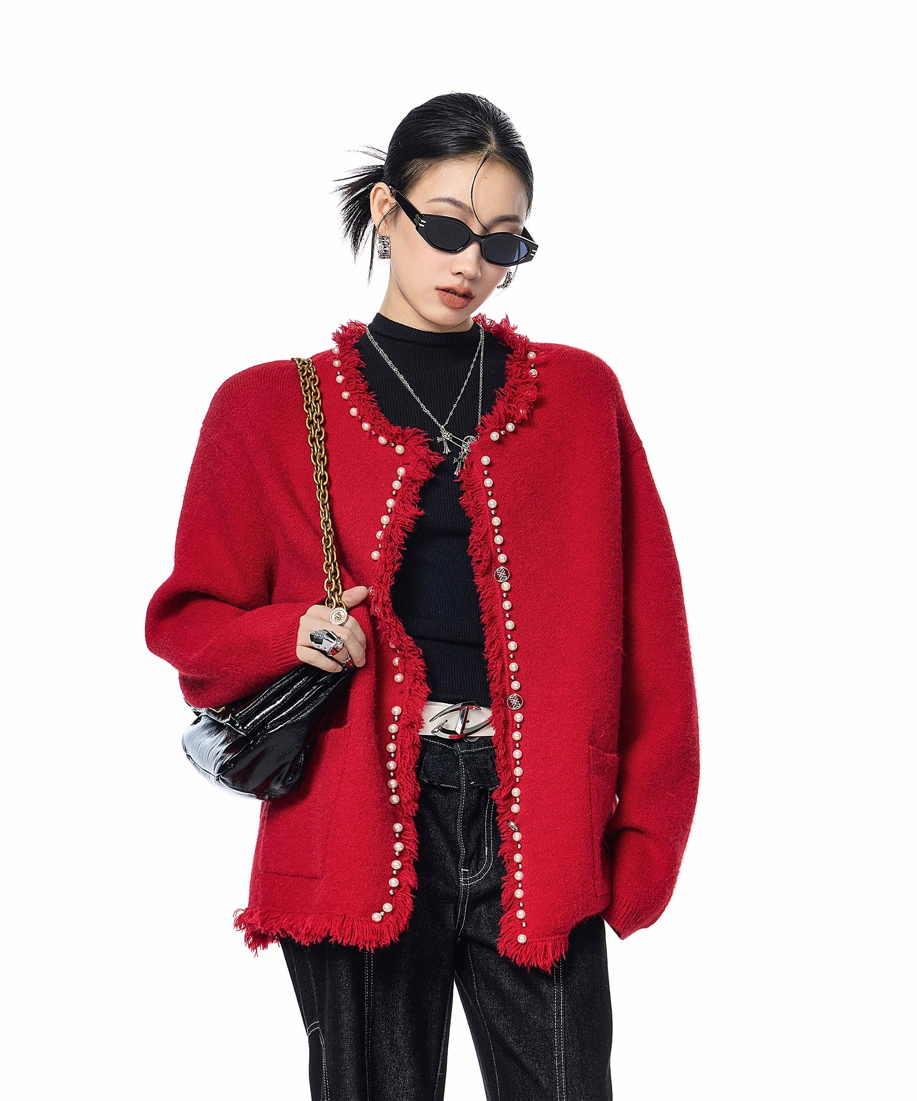 ICH MODE 美式复古珍珠流苏针织开衫女秋冬季小香风慵懒毛衣外套