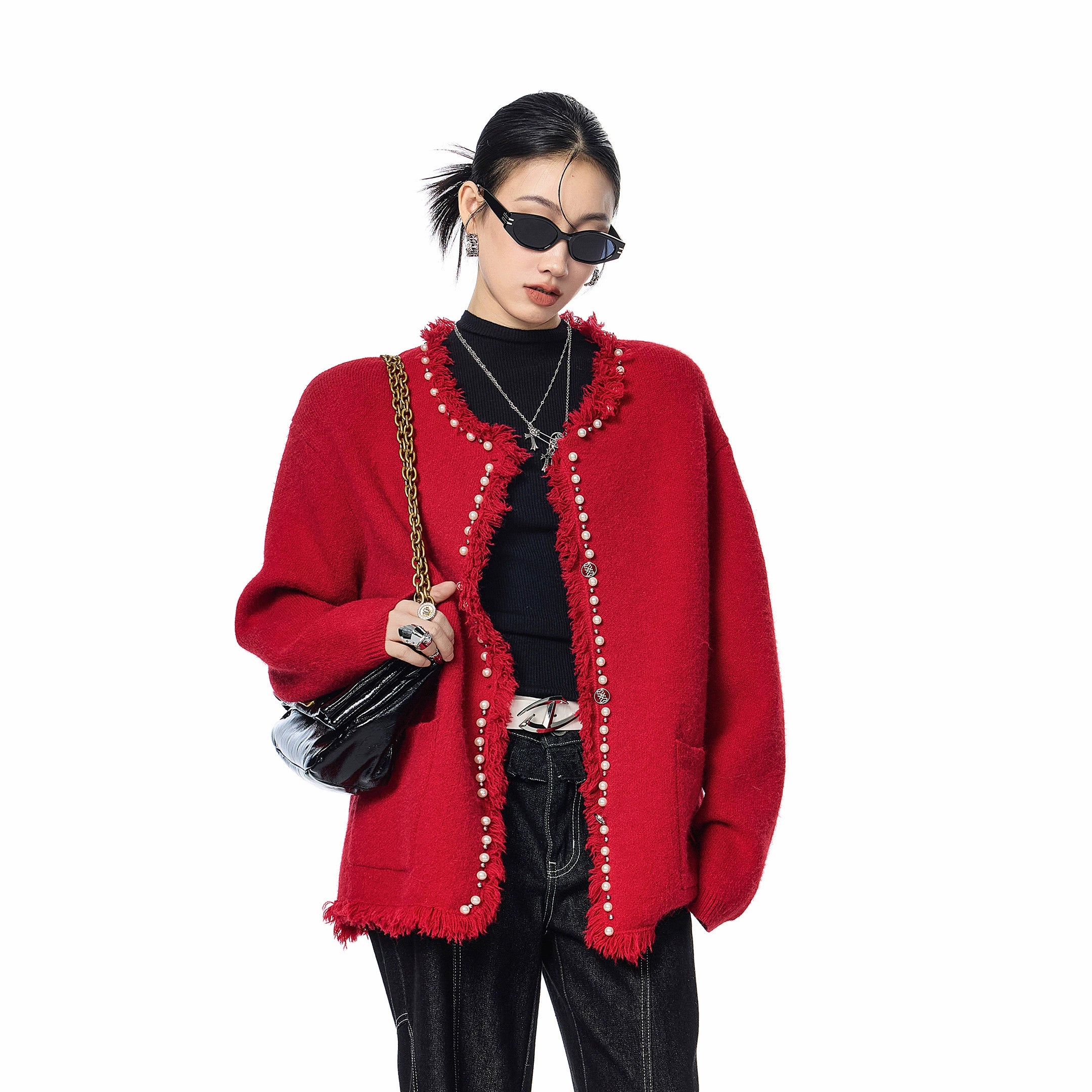 ICH MODE 美式复古珍珠流苏针织开衫女秋冬季小香风慵懒毛衣外套