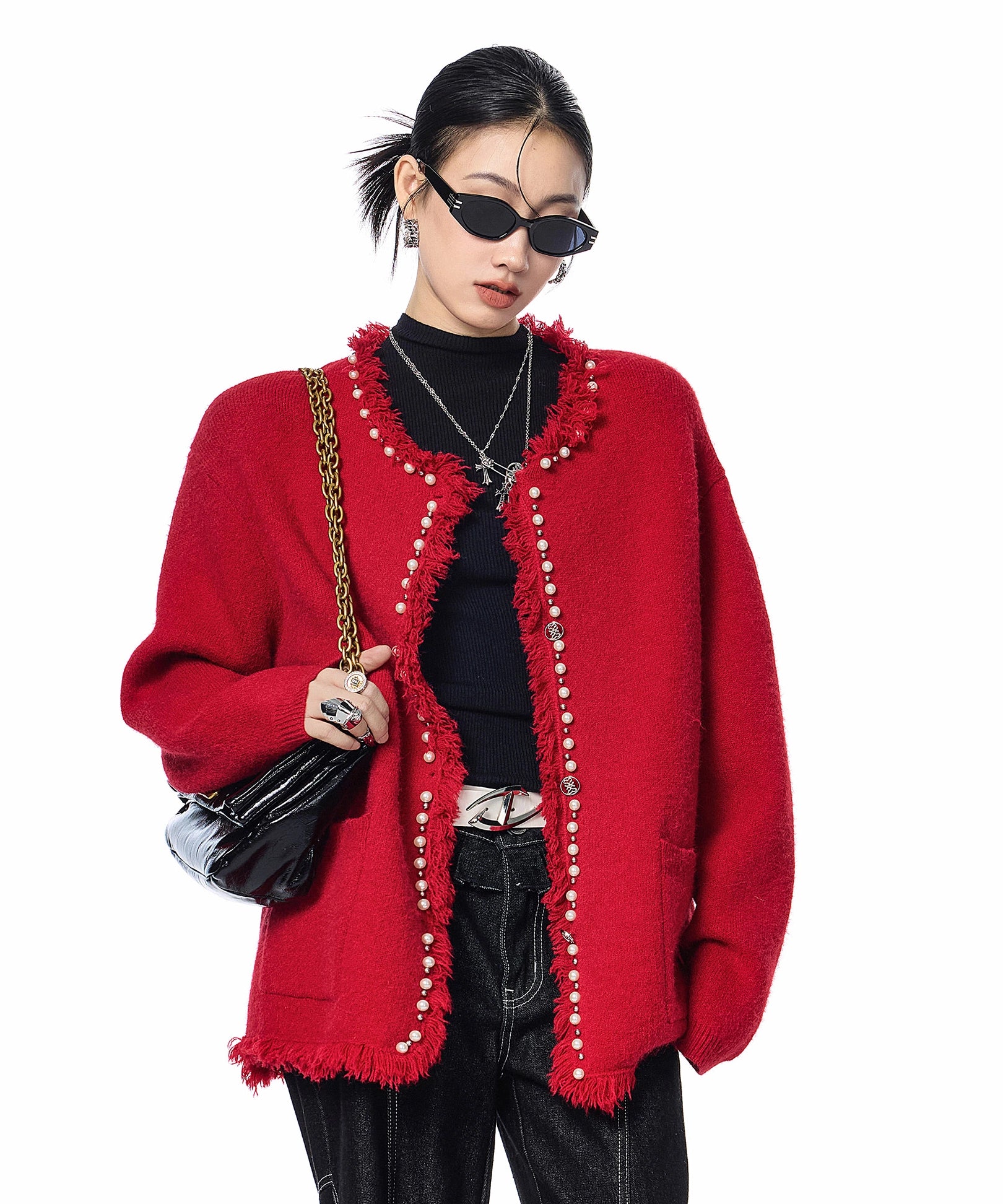 ICH MODE 美式复古珍珠流苏针织开衫女秋冬季小香风慵懒毛衣外套