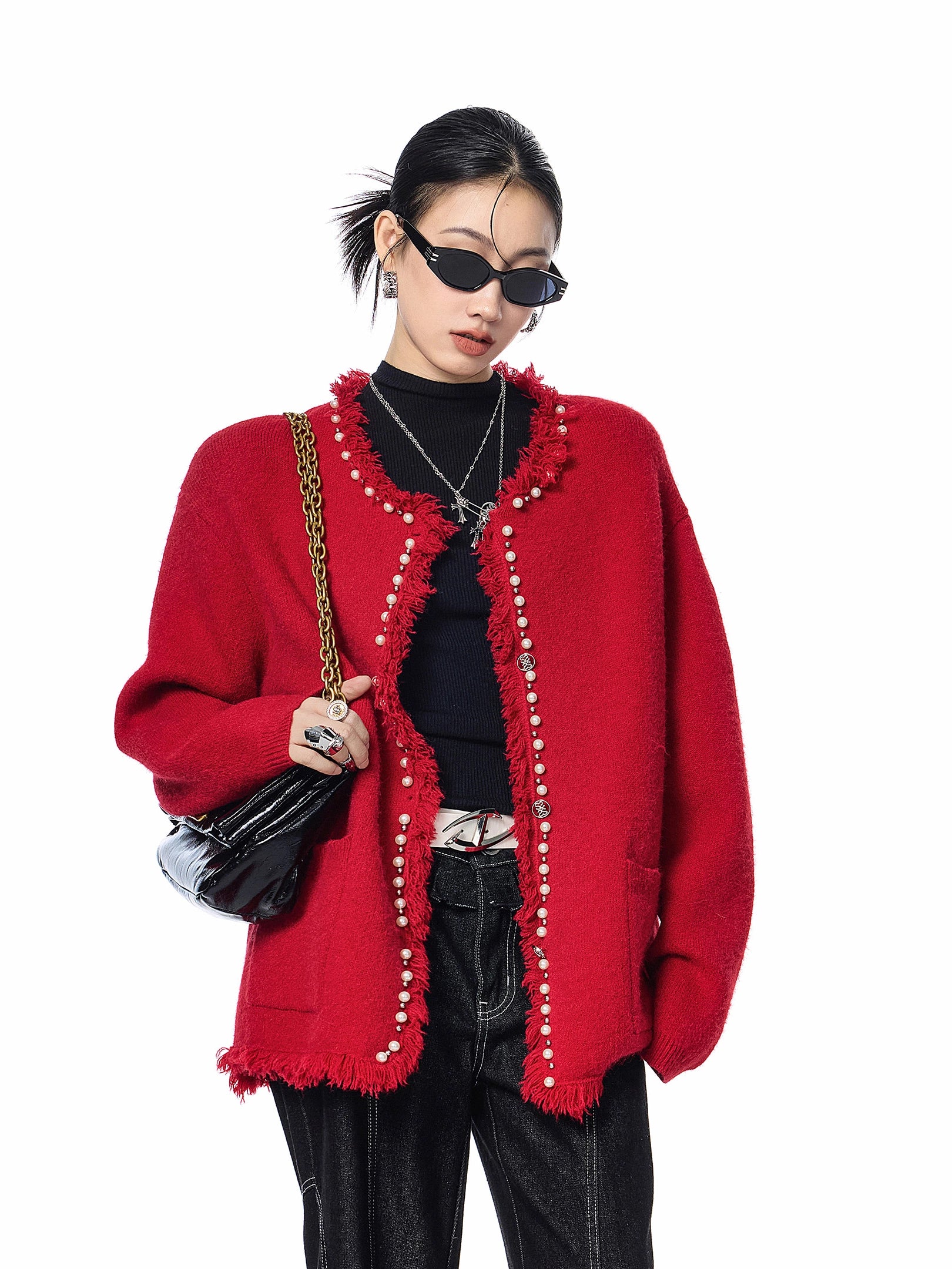 ICH MODE 美式复古珍珠流苏针织开衫女秋冬季小香风慵懒毛衣外套