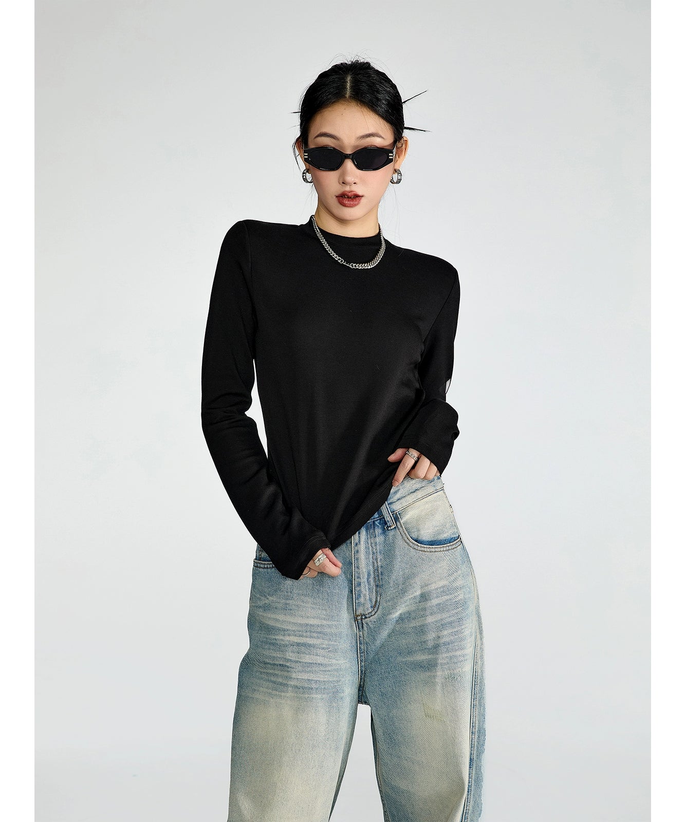 ICH MODE 美式复古修身长袖T恤女秋冬百搭宽松短款上衣纯色打底衫