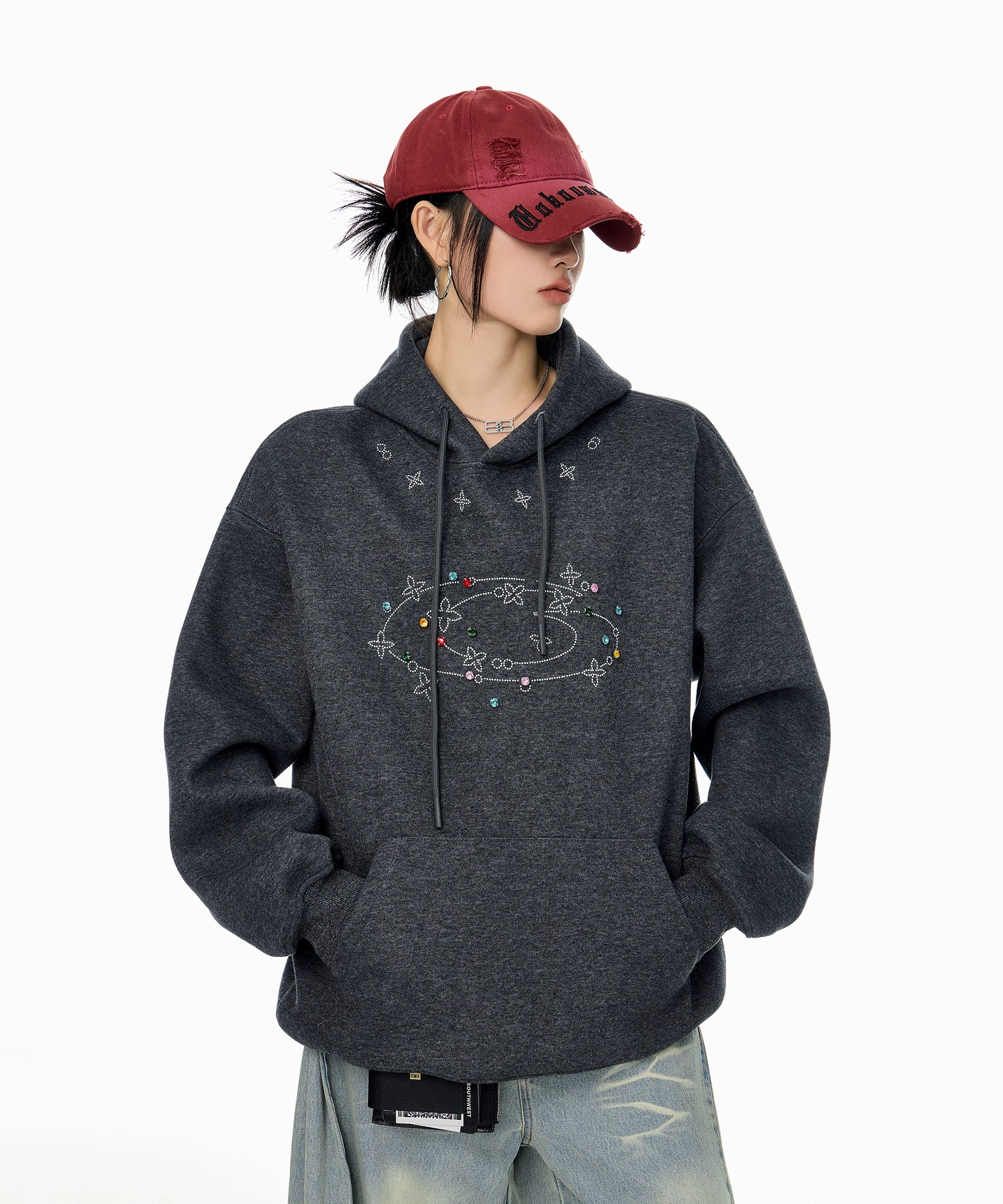 ICH MODE 美式复古烫钻连帽卫衣女2025秋冬新款运动休闲长袖上衣