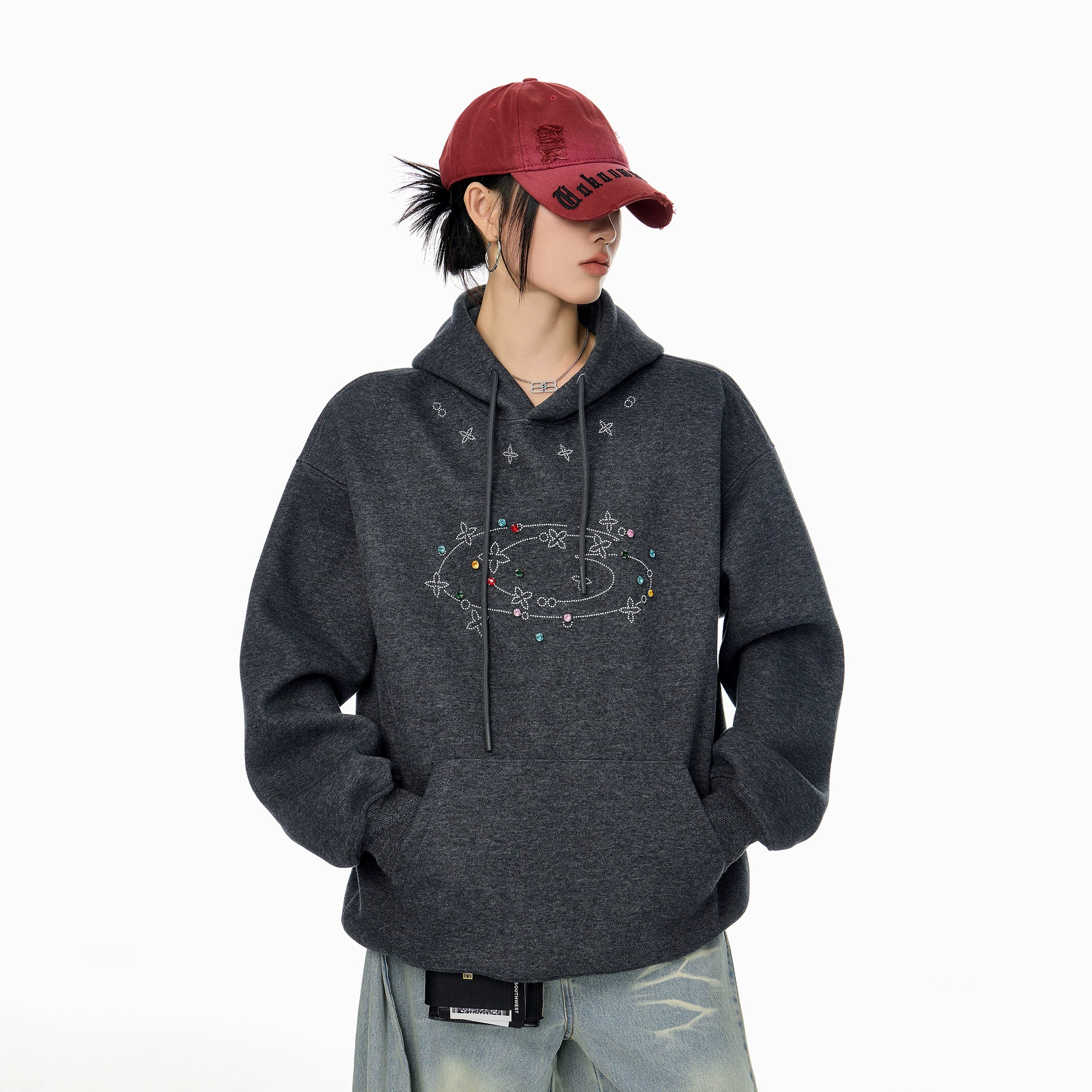 ICH MODE 美式复古烫钻连帽卫衣女2025秋冬新款运动休闲长袖上衣