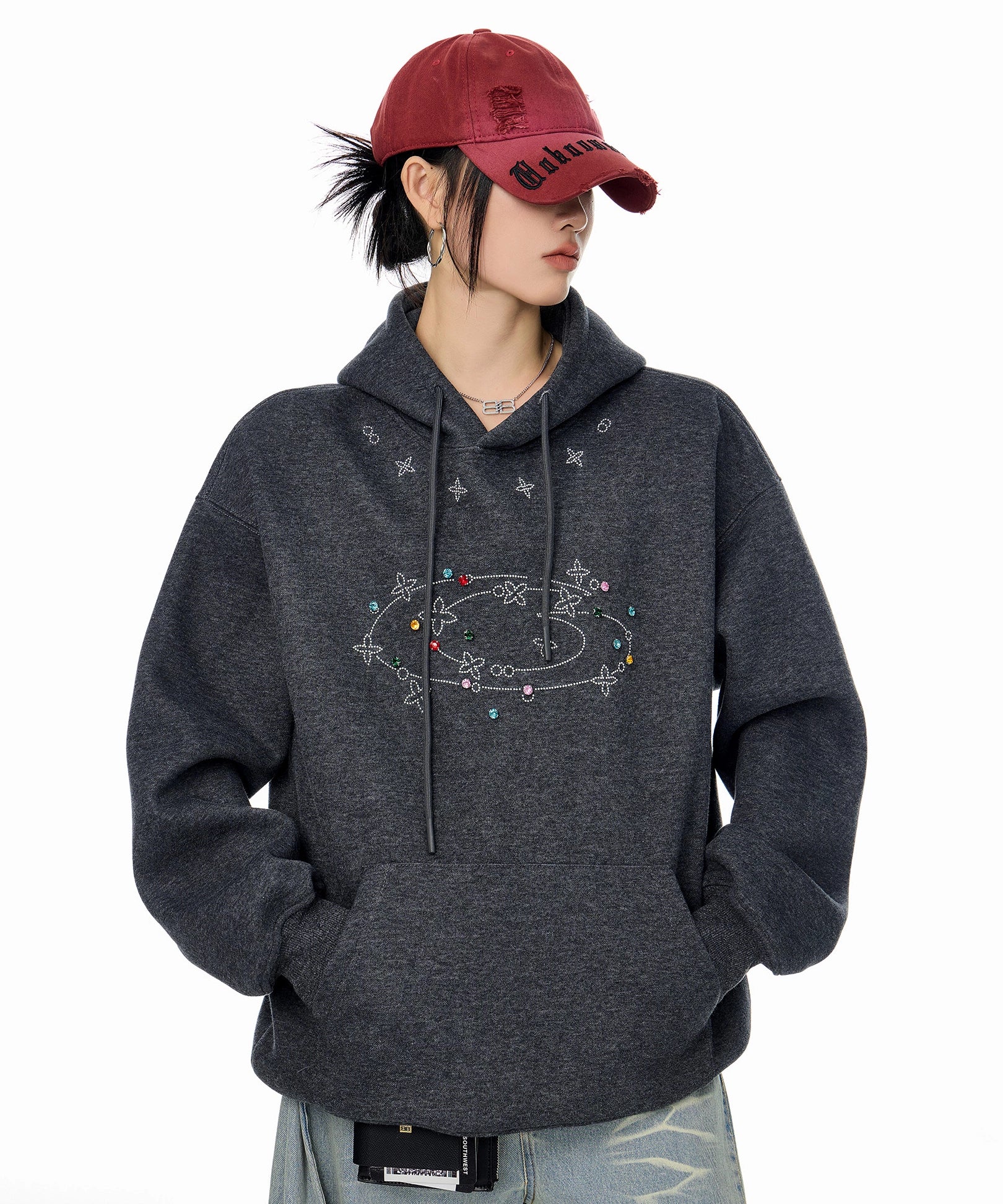 ICH MODE 美式复古烫钻连帽卫衣女2025秋冬新款运动休闲长袖上衣