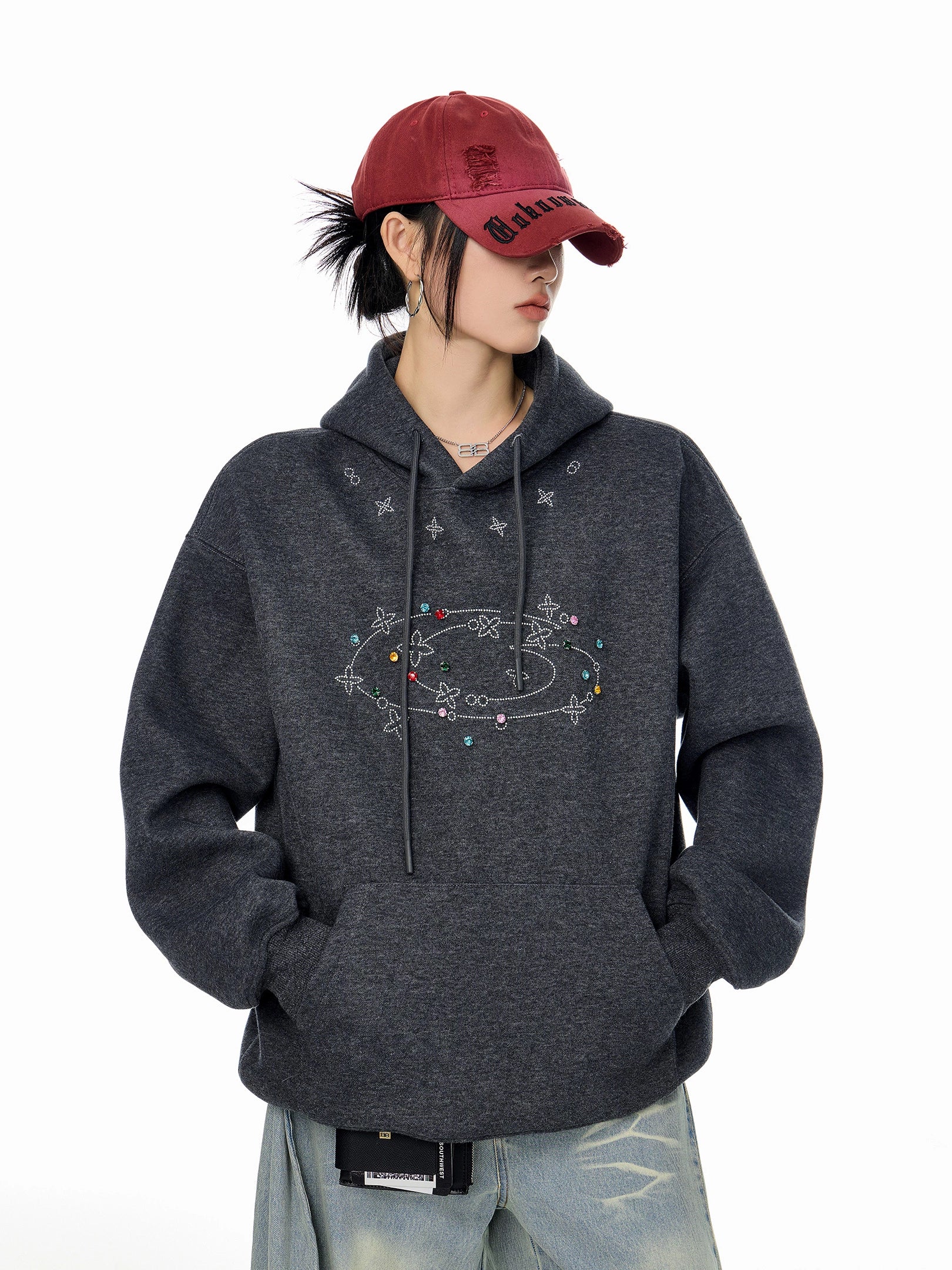 ICH MODE 美式复古烫钻连帽卫衣女2025秋冬新款运动休闲长袖上衣