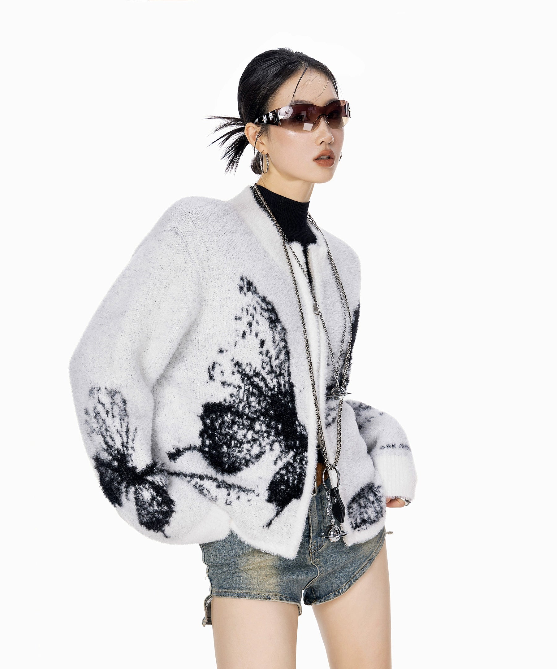 ICH MODE 美式复古提花蝴蝶针织开衫女秋冬双拉链宽松毛衣短外套