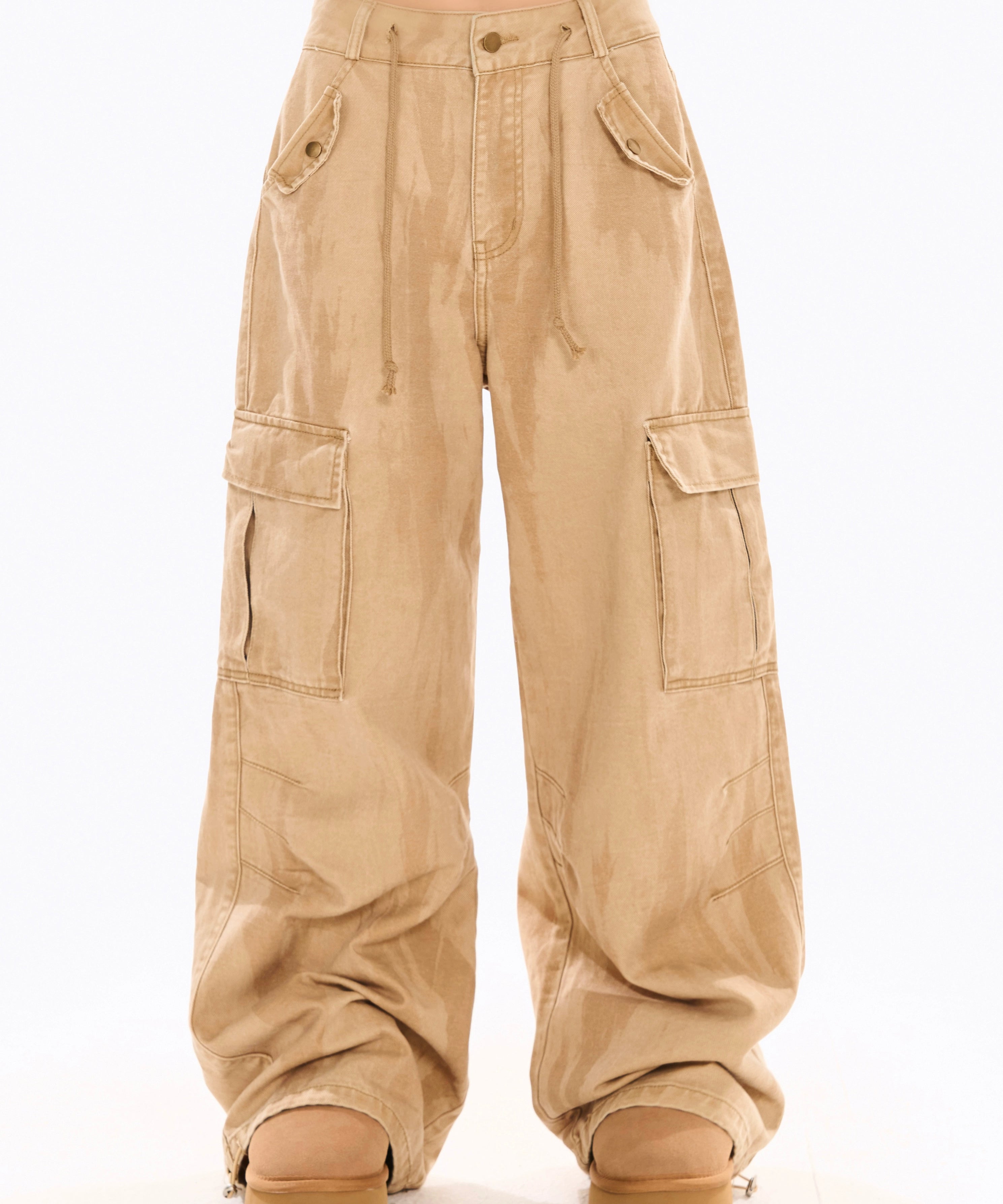 野生zerocircle卡其绿色工装裤女春美式宽松阔腿直筒休闲扎染裤子