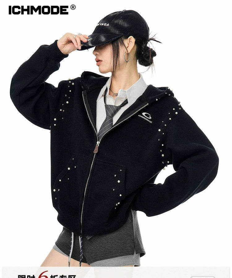 ICH MODE 美式复古珍珠连帽外套女2025新款秋冬宽松卫衣开衫上衣
