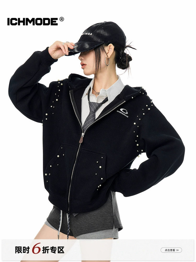 ICH MODE 美式复古珍珠连帽外套女2025新款秋冬宽松卫衣开衫上衣